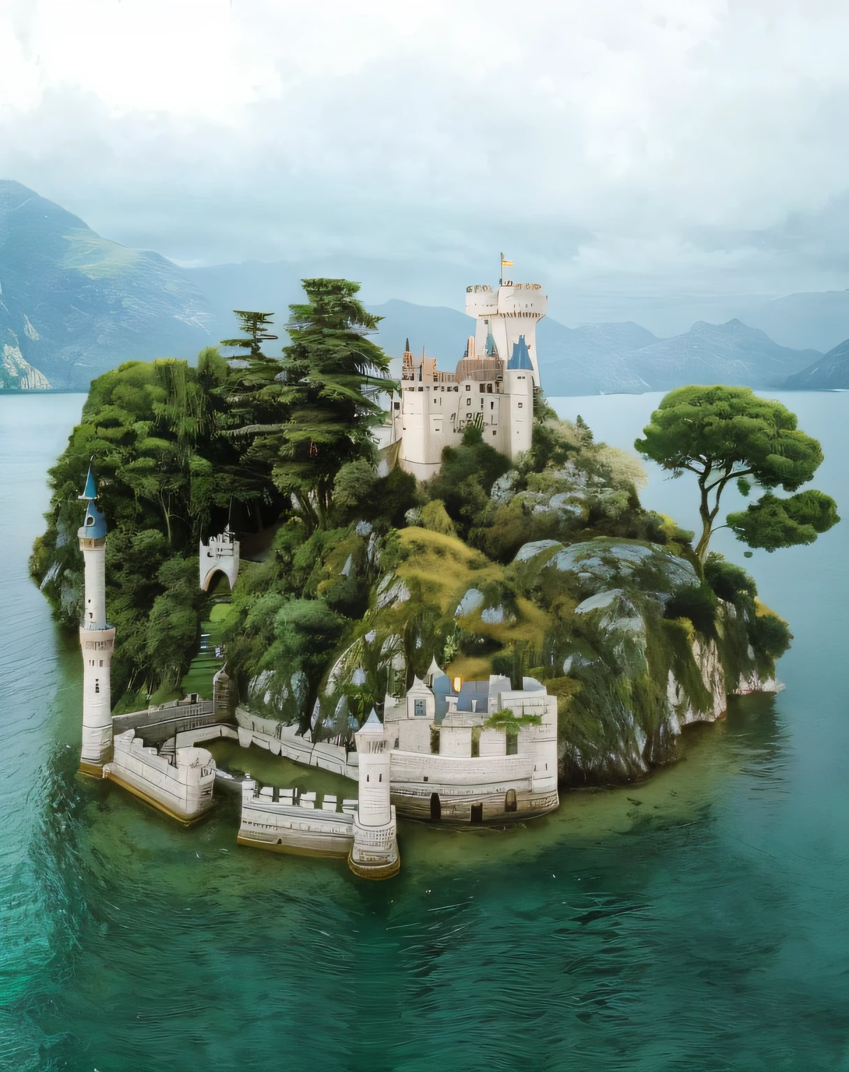 There is an island,There is a castle on it,In the middle of the water, located in a castle, an immense floating castle, Beautiful castle, An island, Floating island, epic matte painting of an island, an island floating in the air, Beautiful place, fairy tale place, upper view, Fantasy setting, Floating palace, Isolated, an absurdly beautiful, Castle