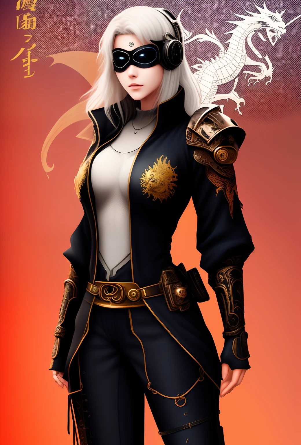 Neil Mechanical Age,cyberpunk edgerunners,blindfolds,Japanese manga style,Japanese,quadratic element,full bodyesbian,Black and gold color armor,femele,Female emperor,emperor,18yr old,Dragons,White Dragon,white color hair,Black and gold color armor,Hanfu,cyber punk perssonage #Creative graphs#