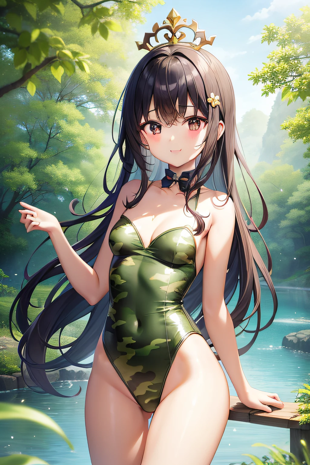 top-quality、extremely delicate and beautiful、Soio、Soio、8--old l、japanes、Lori、Chiquita、elementary stu、(((Leotard with jungle camouflage pattern)))、(highleg)、Tiara on the head、A smile、is standing、Facing the front、Pond in the background、the woods、cherry trees