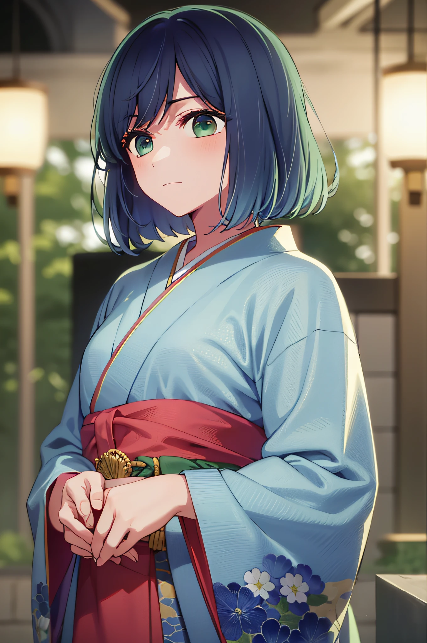 masterpiece, best quality, ultra-high resolution, super detailed, high contrast, Beautiful lighting, depth of fields, blue hair, green eyes, (bob hair:1.5), shrine maiden outfit, white kimono