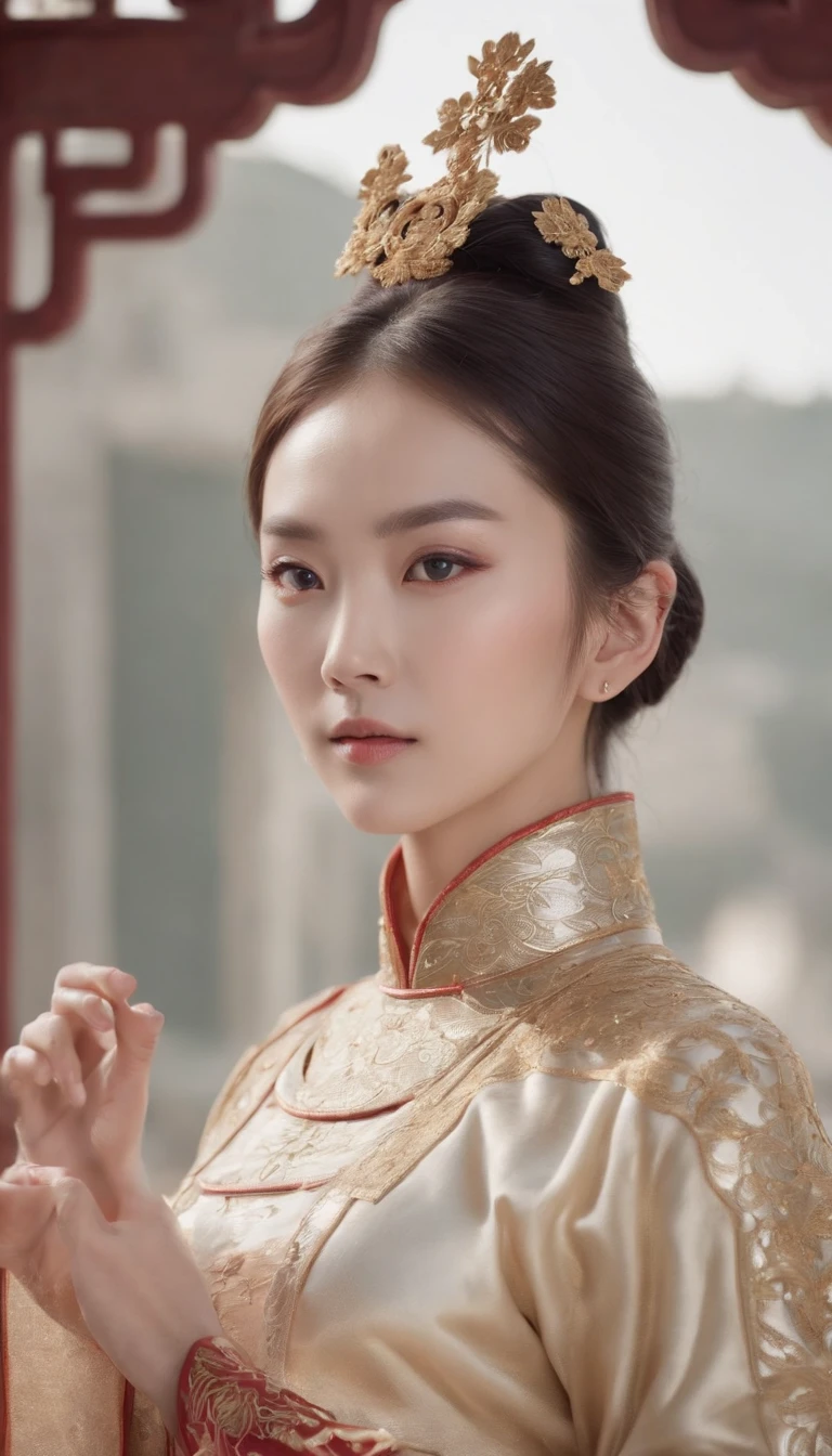 Jean-Jouët,Wan Jiang Yoshizong, K,masutepiece,Textured skin,Multiple Swords,embellished costume,award - winning photo, Extremely detailed, Stunning, Intricate details, Absurd, extraordinarily detailed woman, extremely detailed eye and face, Dazzling red eyes, Detailed clothing,Super long sleeves,Ding Xianghua,QMSJ,Candy coating,In the style of saturated pigments (((Chinese Dynasty Costume)))))) Gorgeous long eyes Big eyes Gold and silver costumes
