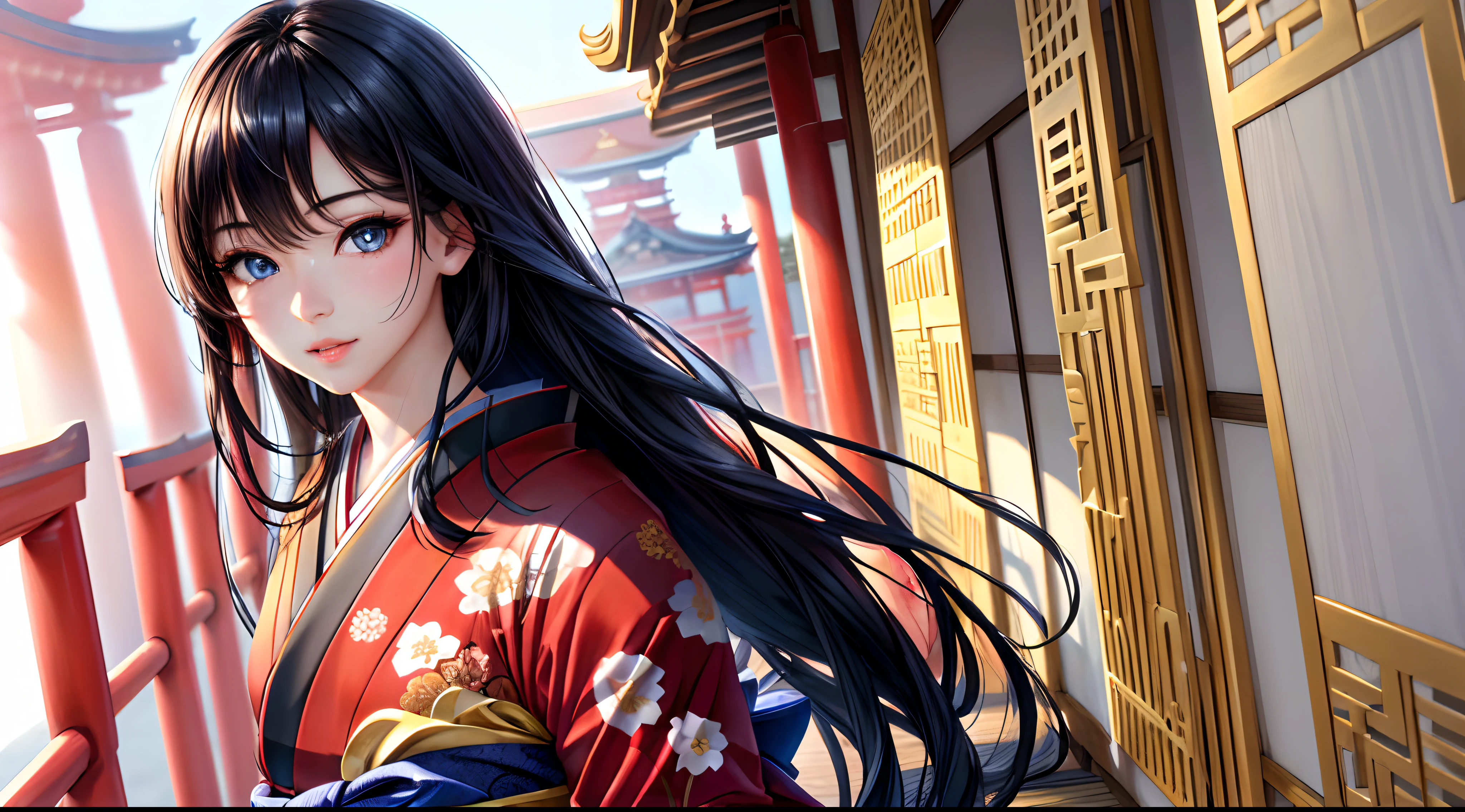 (masterpiece:1,3), (best quality:1,3), (highest quality), (ultra-detailed:1,3), RAW photo, (absurdres:1,3), (intricate details:1,3), (best texture quality), (detailed textures), (ultra-high pixel detail), (extremely delicate and beautiful girl), (extremely delicate and beautiful female body), ((ultra-detailed outfit)), (delicate and beautiful outfit), (best shadow:0,7), (sharp eyeliner:1,1), (eyeshadow:1,1), ((detailed lips)), (8k UHD wallpaper), HDR, DSLR, (pixiv), (illustration:1,3), (uncompressed images), ((well described)), ((delicate and beautiful hair)), ((detailed hair)), (beautiful eyes), ((detailed eyes)), (((perfect face))), (detailed face), perfect expression, (((detailed and realistic scenery))), (hyperrealistic), ((photorealistic)), (ray tracing), ((bright eyes)), ((sparkling eyes)), ((bright skin)), ((handled hair)), (bright hair color), beautiful face, natural lighting, ray tracing, perfect hand, perfect finger, (perfect female anatomy), (detailed body), (perfect body), (proportional body), Award-winning photography, proffesional color graded, Color-gel lens, (shiny skin), (glowing skin), (glowing eyes), (perfect dynamic composition), clear line, (glossy skin), (dramatic), sharp focus, attractive, beautiful
BREAK
golden time background, ((temple ceremony))
BREAK
1 female, 20 years old, black hair, long hair, bangs, white skin, ((black hair))
BREAK
(blue eyes), ((straight long hair)), excited face, ((blue pupil))
BREAK
((japan kimono))
BREAK
looks in front, full body, closed clothing, ((full body))