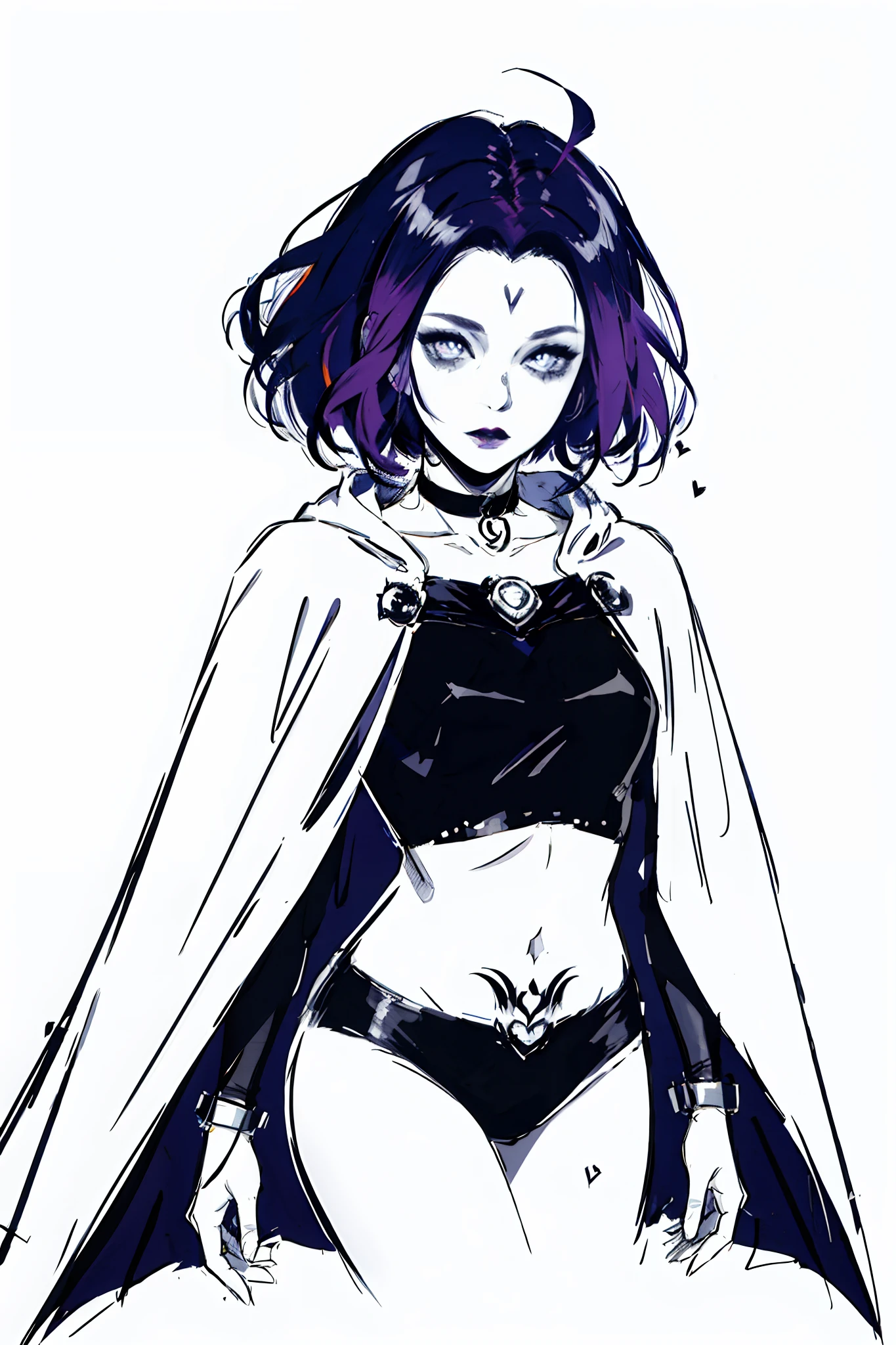 outline sketch manga drawing, (manga drawing of 1girl raven with tattoos), solo 1Girl as rvn, hotraven, Raven, heavy makeup , cape, choker, black lipstick, Fine Eyes, double eyelids, manga style, greyscale, monochrome, blank background, simple background, white background, monochrome, lineart, ((sketch))