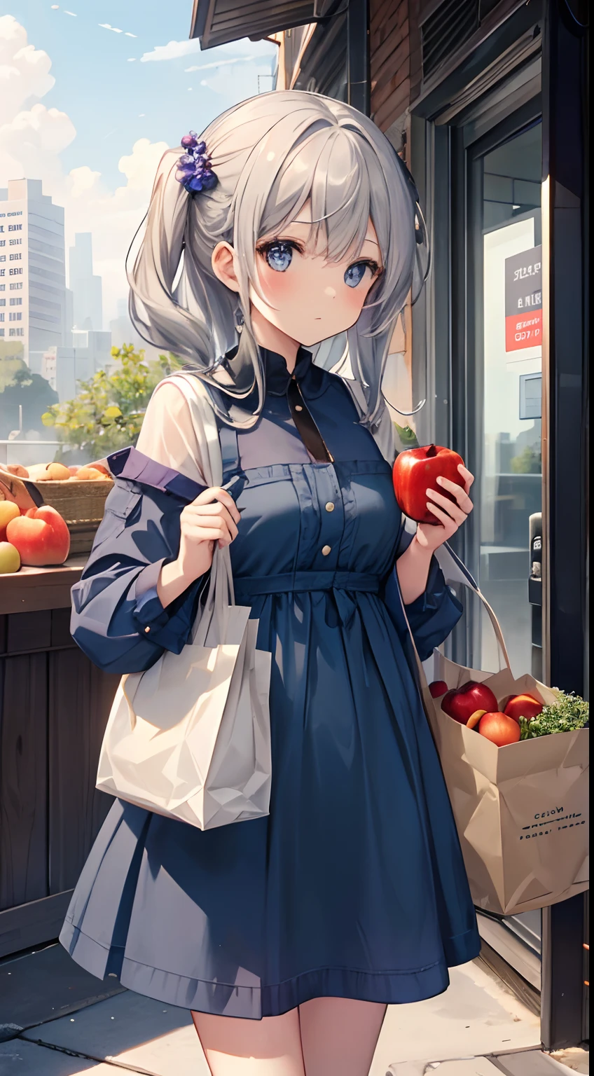 {high quality}, 1 girl, {gray hair}, blue dress, bread and apples in paper bag, two flights of handbags and grapes and muscats,