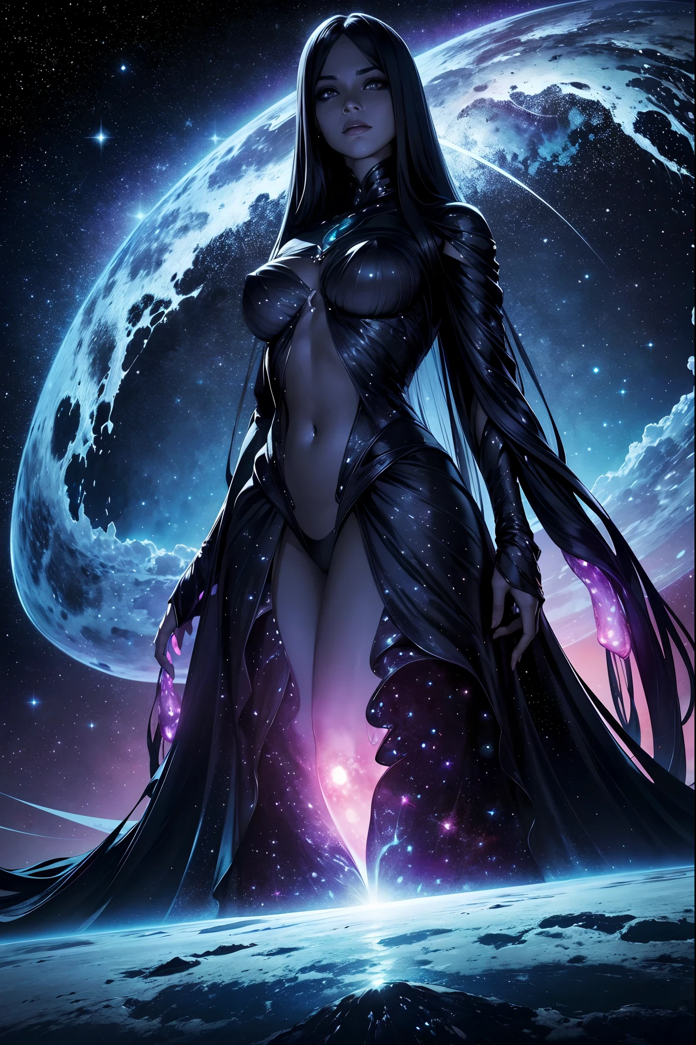 "cosmic entity": um ser com quatro olhos brilhantes, multiple arms, A breathtaking view from space reveals a twisted galaxy filled with strange life forms and entities that humans understand. Planet with night sky, fenda, leviathan, 8k, lindo, dramatic scene, buraco negro, void, woman, female