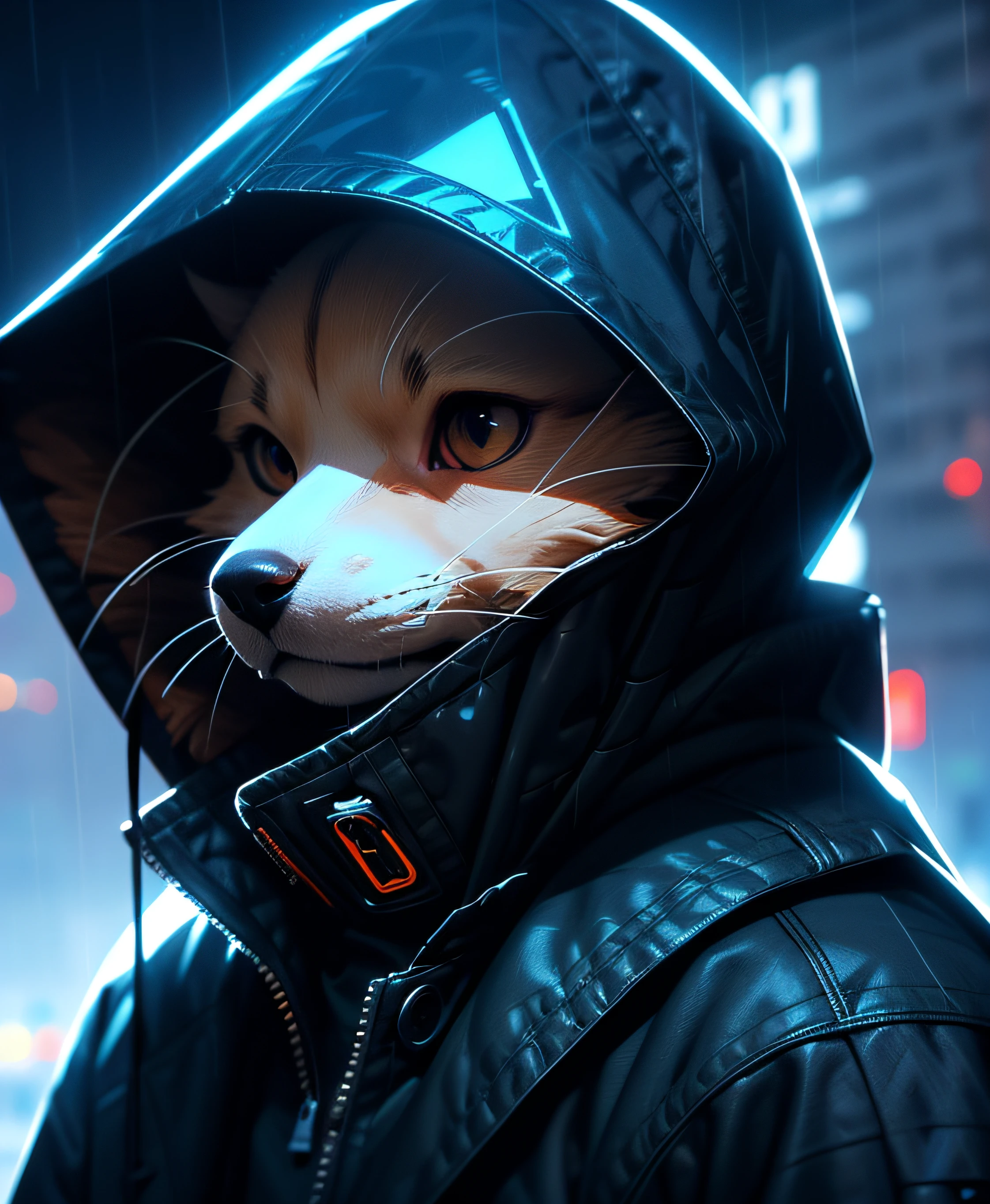 masutepiece, Best Quality, Solo, Rain, hoods, Furry, Hood Up, Jacket, Upper body, hooded jacket, Closed mouth, whiskers, raincoat, Pit bull dog, Furry, Sagged ears, brue eyes, Portrait,masutepiece, Best Quality,Black trench coat，Orange pattern，White mask，Cyberpunk Personality