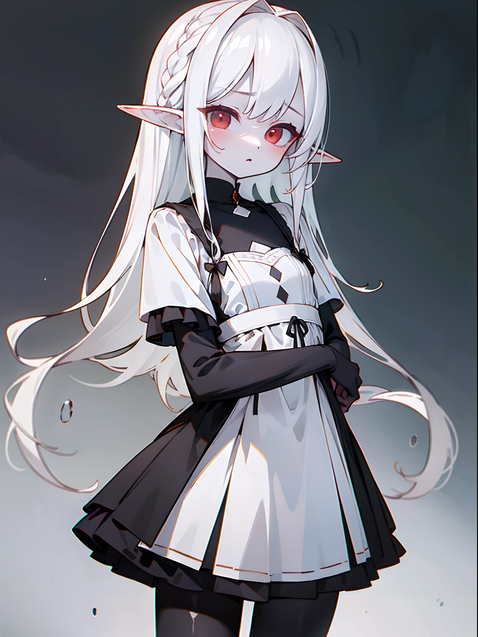 (masterpiece, sidelighting, finely detailed red eyes: 1.2), ((Best quality)), ((masterpiece)), (highly detailed:1.3), anime, 1girl, solo, li, childish body, pale white skin, simple white dress, short dress, deep black pantyhose, balet flats, white hair, braided hair, single long braid, elf ears, curious expression, innocent, simple grey background,