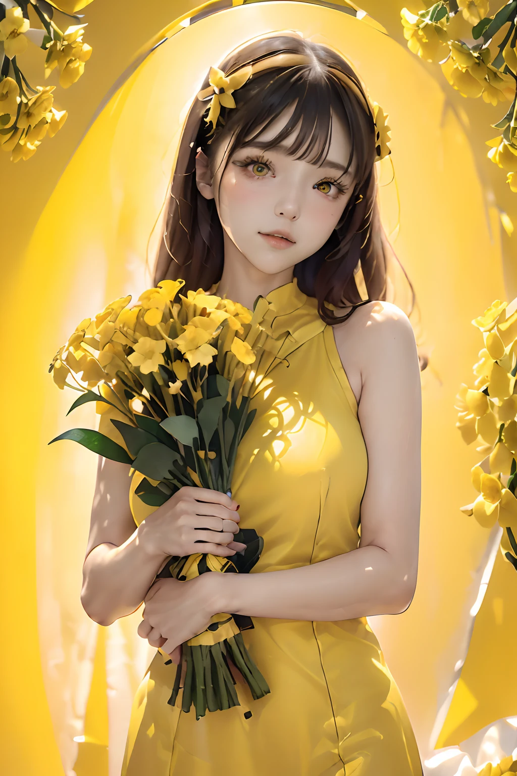 (((Yellow background:1.3)))、((Bouquet of yellow flowers、large bouquet of yellow flowers,,,have a large bouquet of yellow flowers,:1.5))、Best Quality, masutepiece, High resolution, (((1girl in))), sixteen years old,(((Yellow eyes:1.3)))、Yellow dress、Yellow hair、a short bob、((Yellow shirt:1.3、Yellow Block Dress)), Tindall Effect, Realistic, Shadow Studio,Ultramarine Lighting, dual-tone lighting, (High Detail Skins: 1.2)、Pale colored lighting、Dark lighting、 Digital SLR, Photo, High resolution, 4K, 8K, Background blur,Fade out beautifully、Yellow World