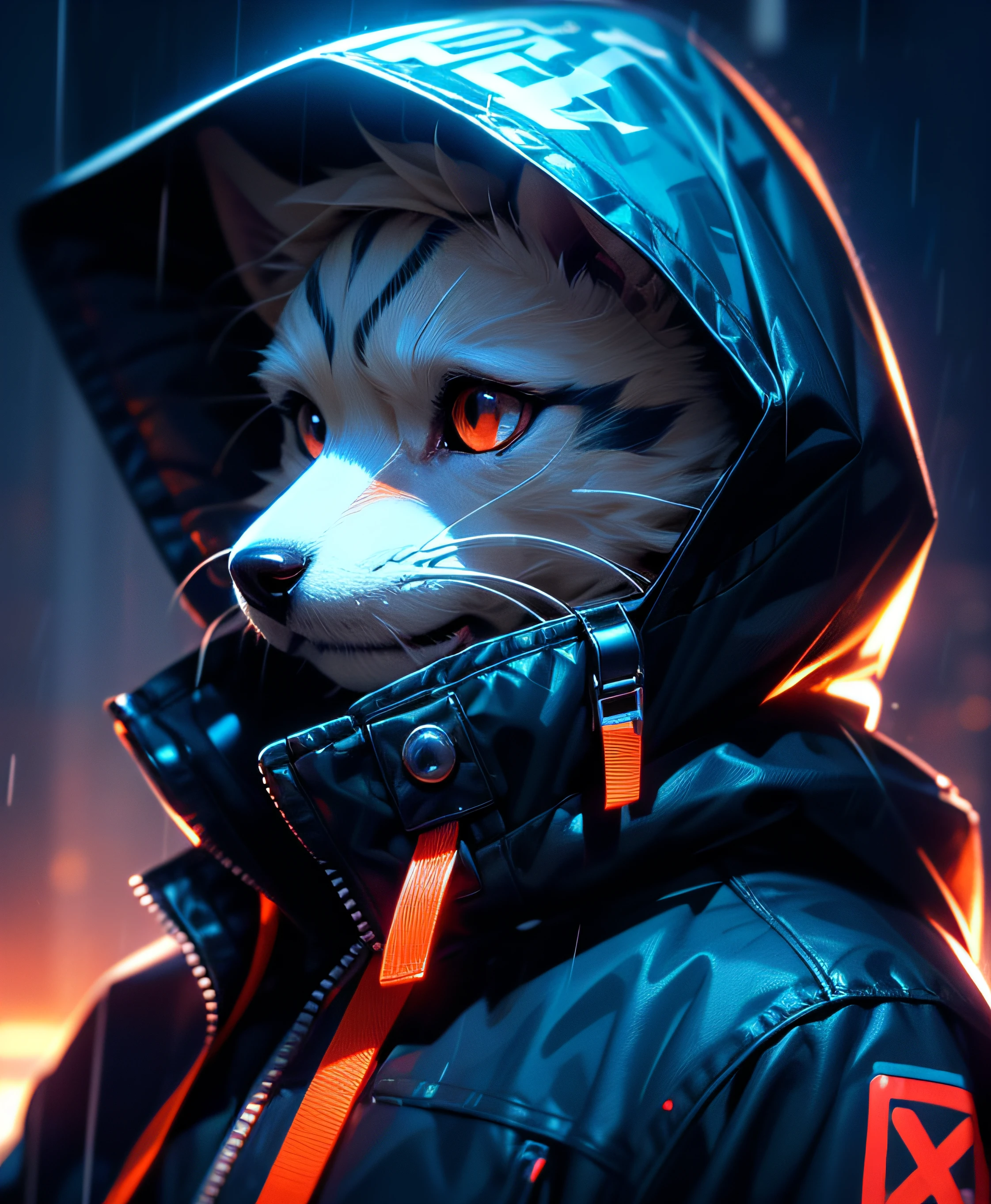 masutepiece, Best Quality, Solo, Rain, hoods, Furry, Hood Up, Jacket, Upper body, hooded jacket, Closed mouth, whiskers, raincoat, Scottish Terrier Dog, Furry, Sagged ears, brue eyes, Portrait,masutepiece, Best Quality,Black trench coat，Orange pattern，White mask，Cyberpunk Personality