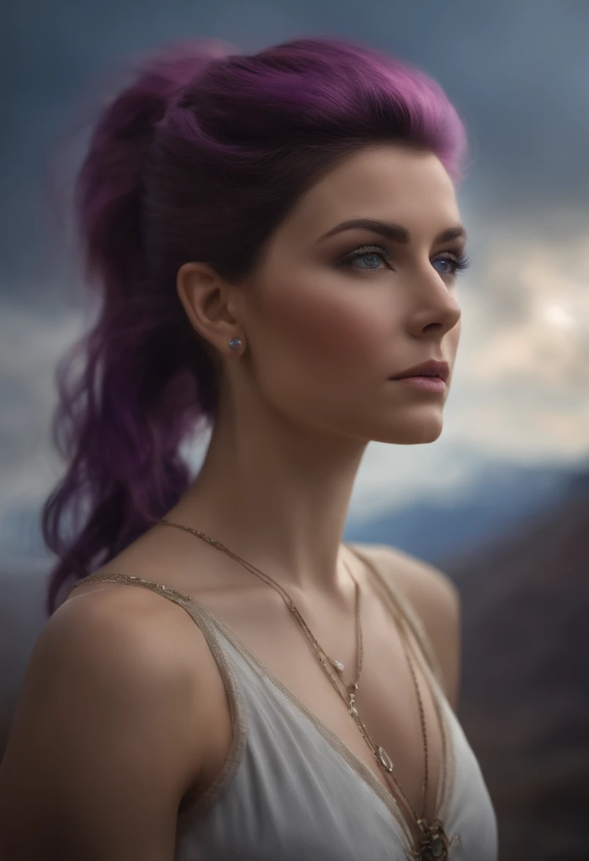 (photo_(medium):1.2), by Antonio J. Manzanedo, by Jeremy Lipking, 1girl, looking at the camera, (facing the viewer:1.1), (photorealistic:1.2), hyperrealistic, photorealism, close-up, head and shoulders, purple hair with rainbow streaks, short hair, ponytail, bangs, blue eyes, friendly, eyelashes, steampunk, sleeveless, subsurface skin scattering, snowy mountain background, symmetry, depth of field, 8k, vfx, hdr, rtx
