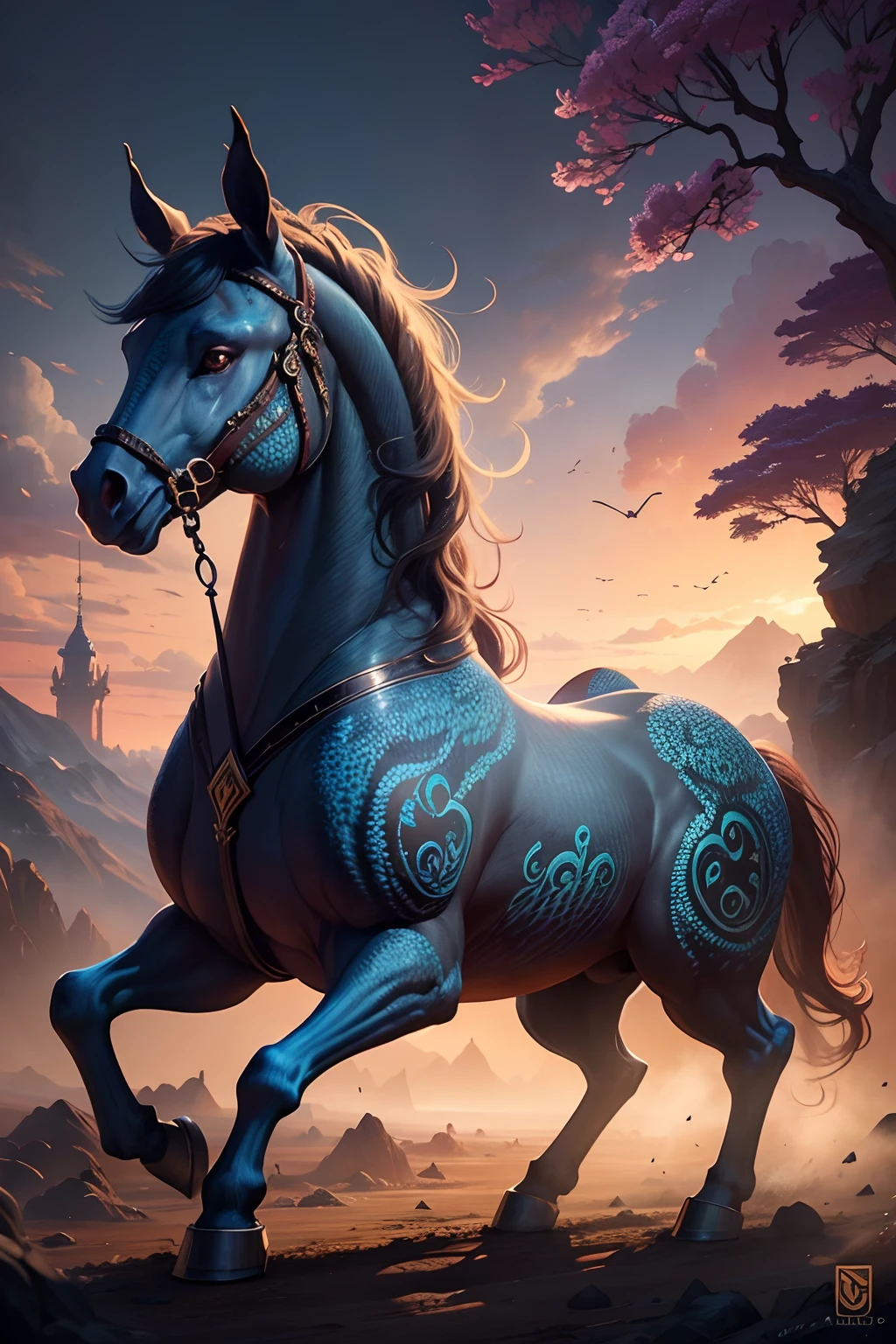 Beautiful fantasy horse, epic Instagram, artstation, fantasy world, contour, hyperdetailed intricately detailed , Vibrant Colors, unreal engine, fantastical, intricate detail, splash screen, complementary colors, fantasy concept