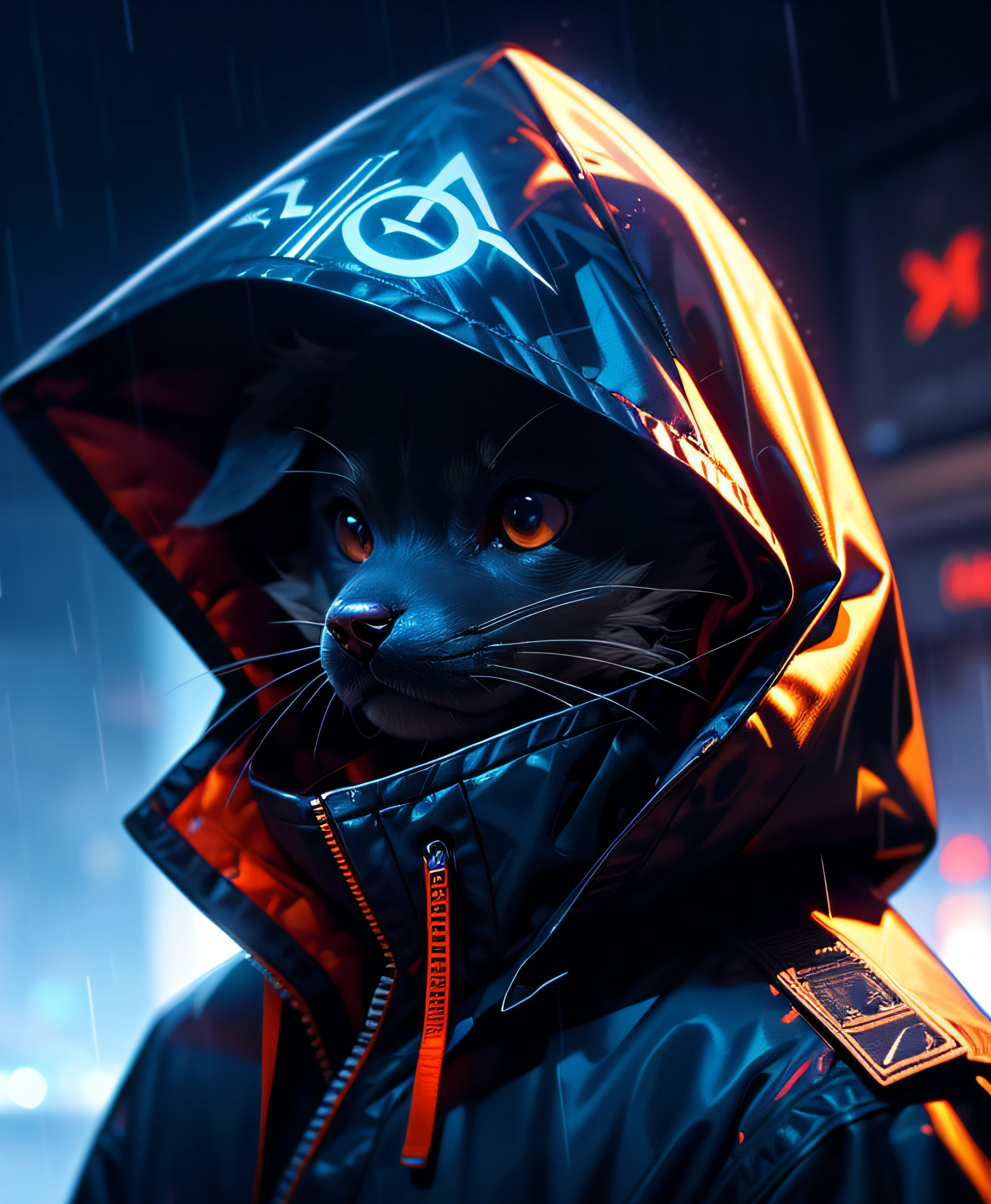 masutepiece, Best Quality, Solo, Rain, hoods, Furry, Hood Up, Jacket, Upper body, hooded jacket, Closed mouth, whiskers, raincoat, Labrador Retriever Dog, Furry, Sagged ears, brue eyes, Portrait,masutepiece, Best Quality,Black trench coat，Orange pattern，White mask，Cyberpunk Personality