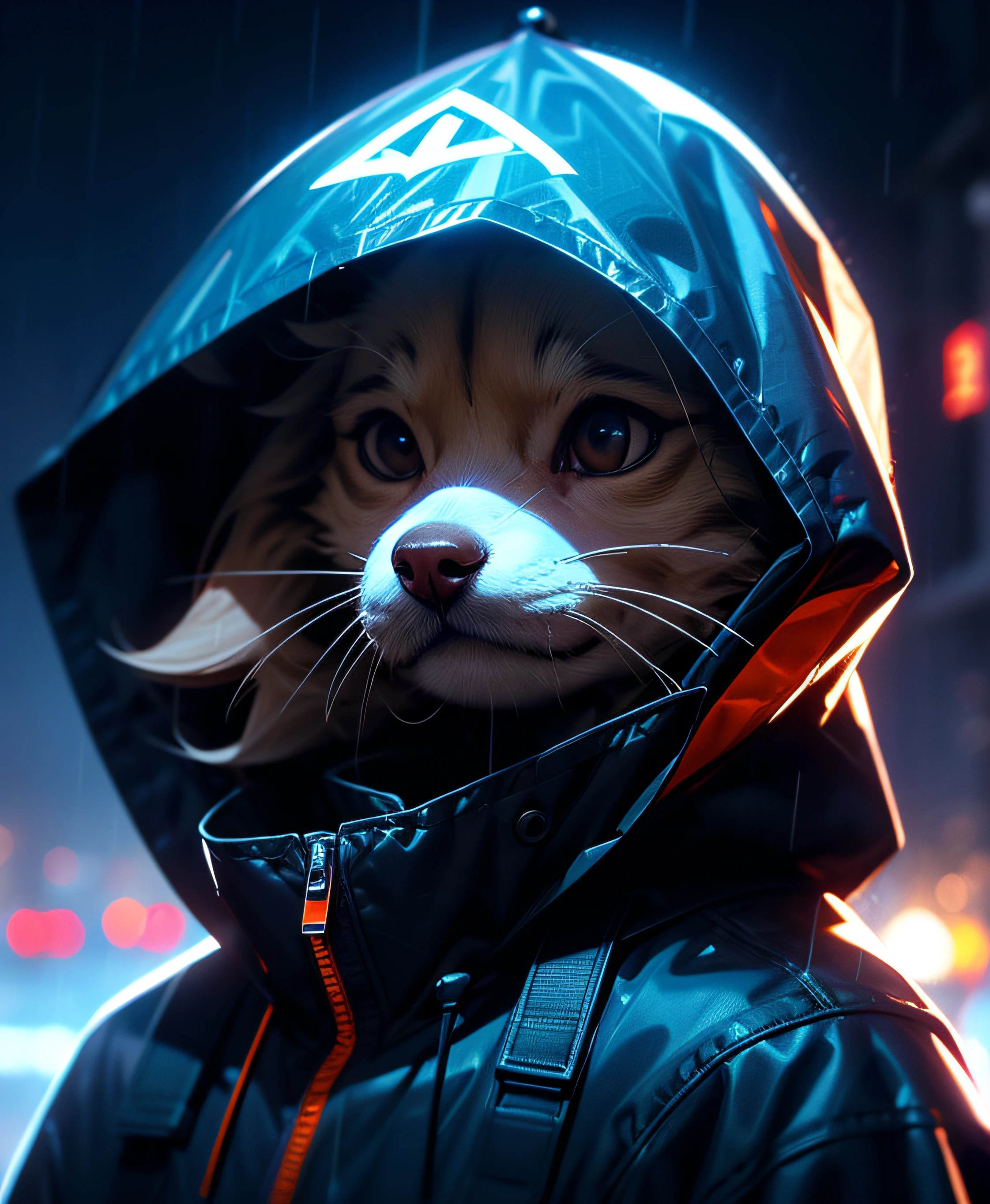 masutepiece, Best Quality, Solo, Rain, hoods, Furry, Hood Up, Jacket, Upper body, hooded jacket, Closed mouth, whiskers, raincoat, Labrador Retriever Dog, Furry, Sagged ears, brue eyes, Portrait,masutepiece, Best Quality,Black trench coat，Orange pattern，White mask，Cyberpunk Personality