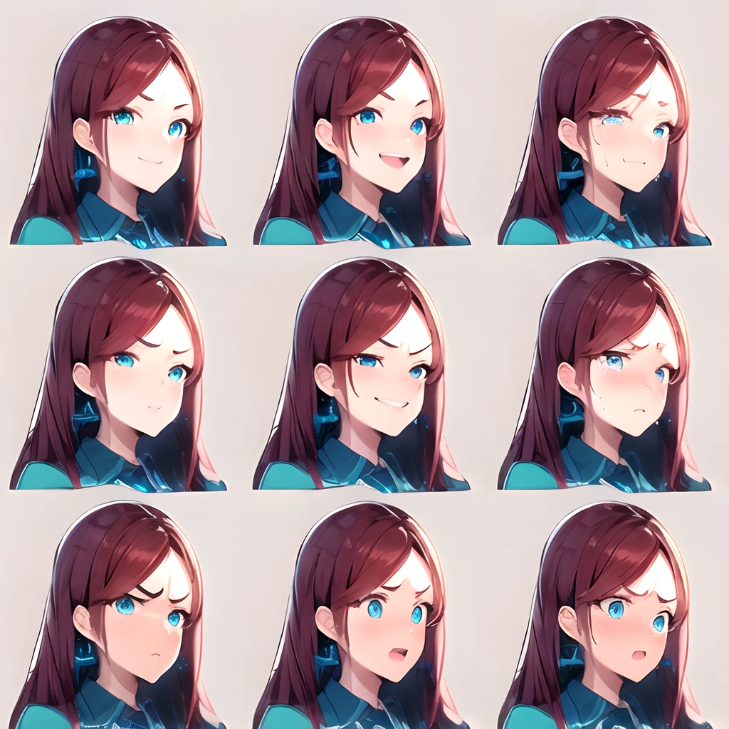 1woman,right three-quarter view,grey background,close-up,face expression sheet,same person,9 face expressions,grid,facing viewer,looking at viewer,long hair,red hair,smile,laughing,crying,tired,sly smirk,shy,grumpy, surprised,terrified,turquoise shirt,best quality,masterpiece,highly detailed,super detailed,8k