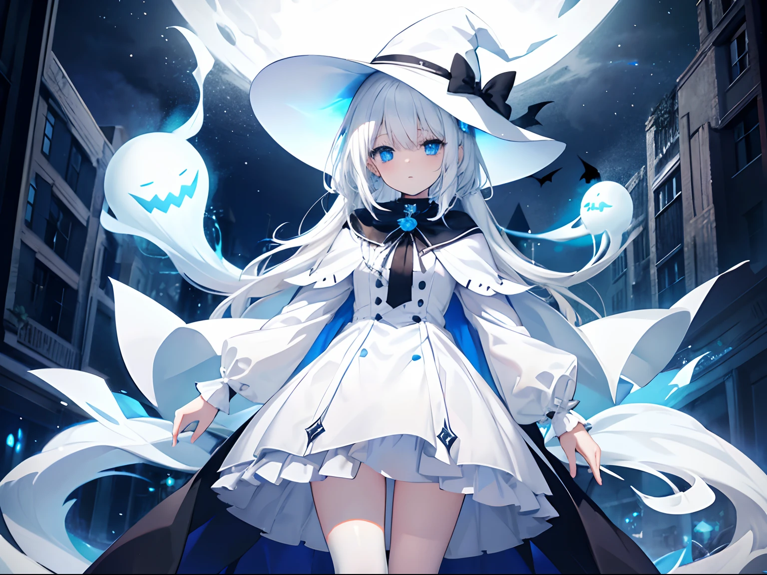 {high quality}, one white witch girl, {white hair}, {blue eyes}, white and light blue witch hat, blue short dress, black knee high socks, white cape, {Halloween}, ghost town, night, ghosts, cats, emphasize color boundaries, {paint accurate eyes}, avoid creating blank spaces,