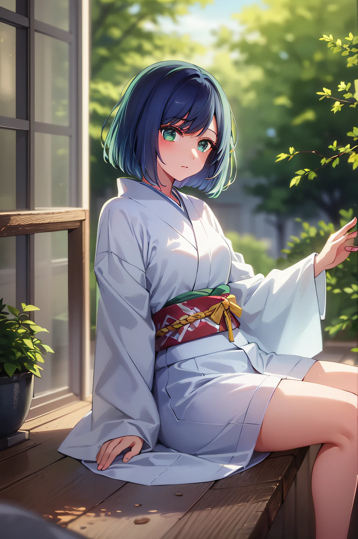 masterpiece, best quality, ultra-high resolution, super detailed, high contrast, Beautiful lighting, depth of fields, blue hair, green eyes, (bob hair:1.5), shrine maiden outfit, white kimono, Exposed skin, Sitting, (Thigh:1.2)