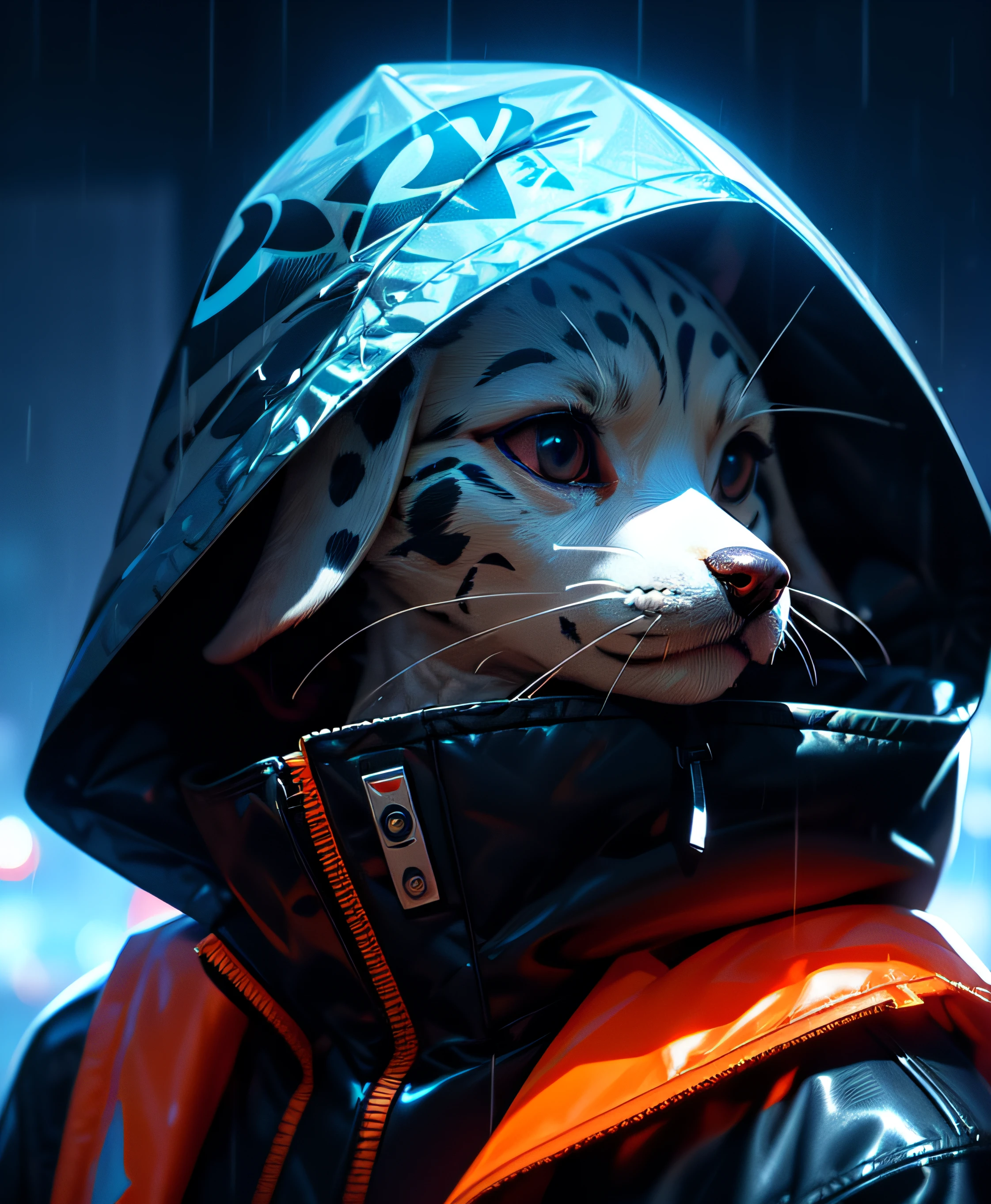 masutepiece, Best Quality, Solo, Rain, hoods, Furry, Hood Up, Jacket, Upper body, hooded jacket, Closed mouth, whiskers, raincoat, Dalmatian dog, Furry, Sagged ears, brue eyes, Portrait,masutepiece, Best Quality,Black trench coat，Orange pattern，White mask，Cyberpunk Personality