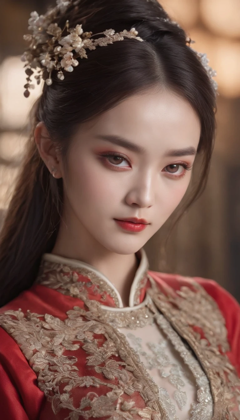 jianjue,wanjianguizong,16k,masterpiece,textured skin,multiple swords,embellished costume,Award winning photos, extremely detailed, stunning, intricate details, absurd, highly detailed woman, extremely detailed eyes and face, dazzling red eyes, detailed clothing,ultra long sleeves,dingxianghua,QMSJ,candy-coated,in the style of saturated pigment