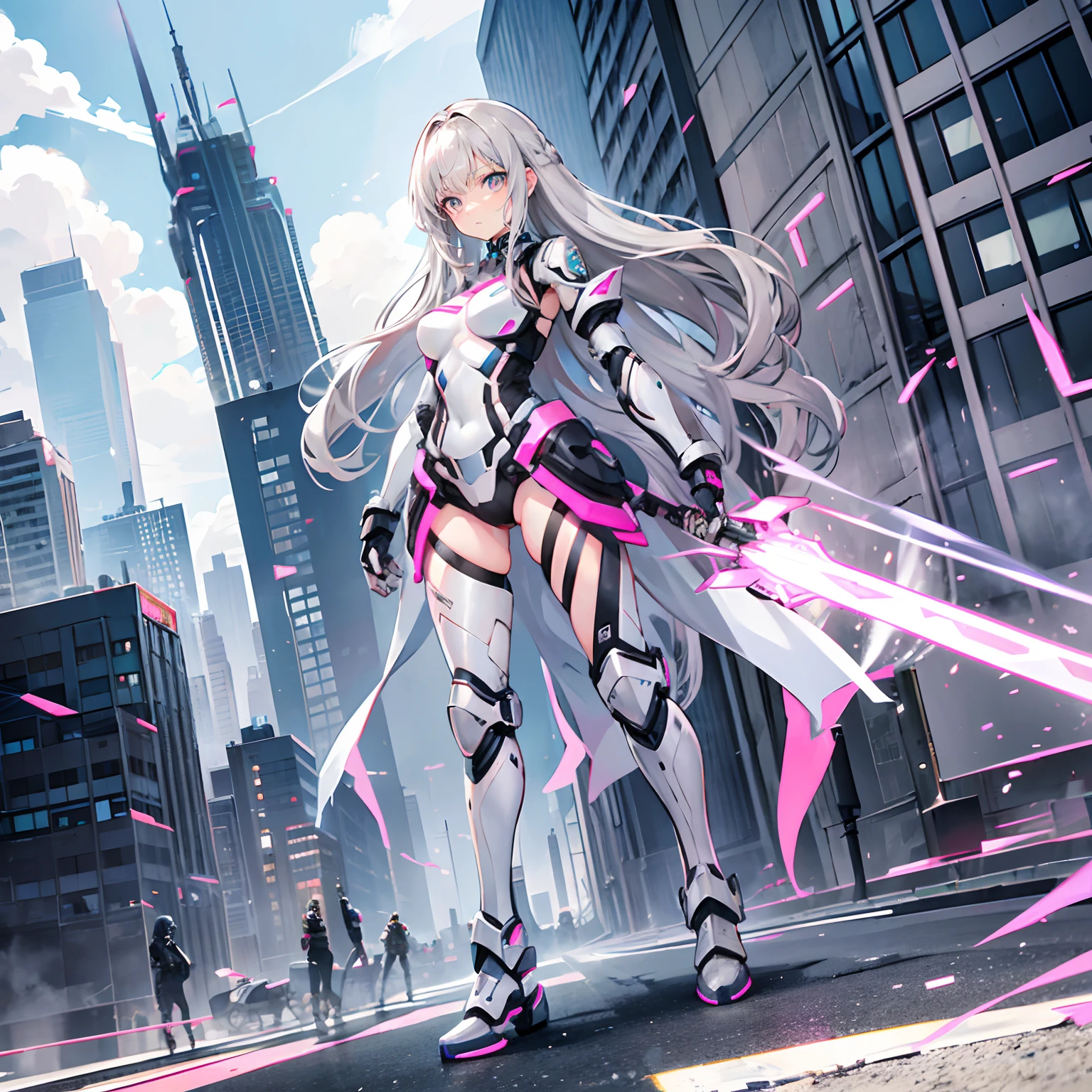 Silver-gray hair,Pink-brown eyes,long whitr hair,curlies,adolable,s girl,Tech armor,heavily armored,Science fiction elements,Weapon in hand,Knee-length boots on the feet,fully body photo,All body,Fingers and arms are not exposed,Background city,with blue sky and white clouds,serious-expression