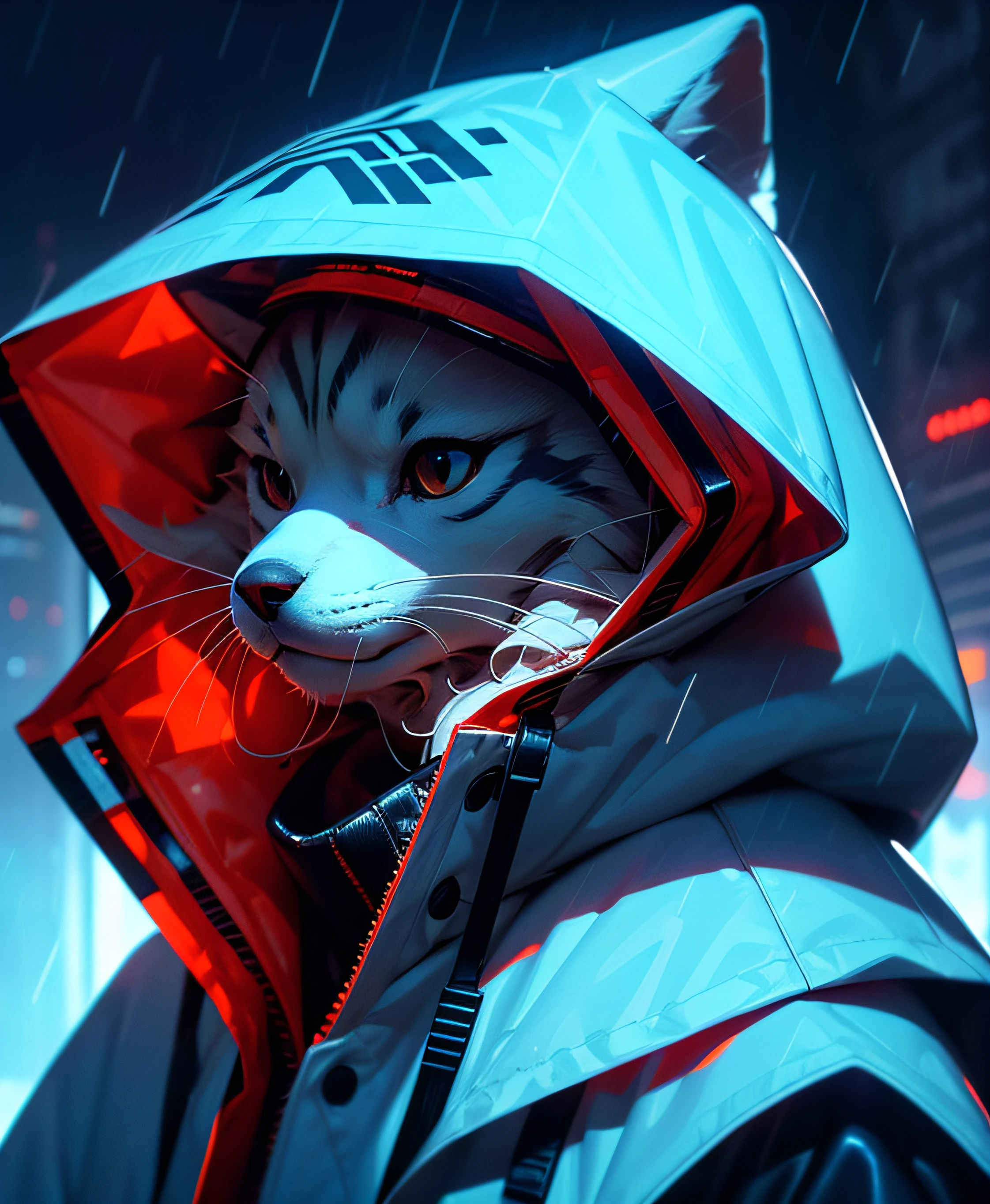 masutepiece, Best Quality, Solo, Rain, hoods, Furry, Hood Up, Jacket, Upper body, hooded jacket, Closed mouth, whiskers, raincoat, Siberian Husky Dog, Furry, Sagged ears, brue eyes, Portrait,masutepiece, Best Quality,Black trench coat，Orange pattern，White mask，Cyberpunk Personality