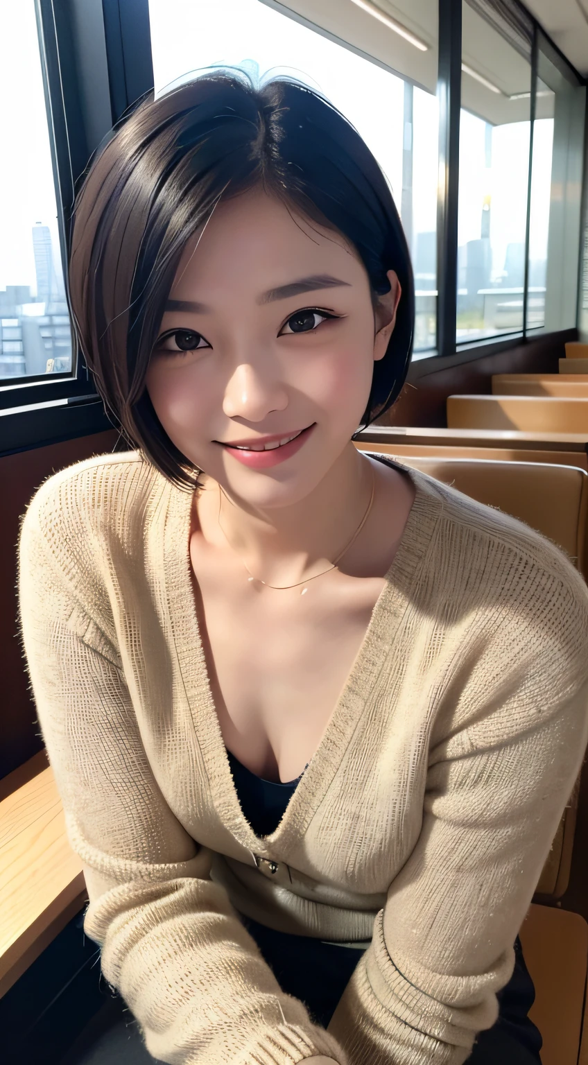 masterpiece, Best quality, Raw photorealism,Beautiful girl, Cute, Short hair, very short hair, black hair, small breasts, depth of field, High resolution, Ultra detail, Very detailed eyes and face, Sharp pupils, Realistic pupils, smile, big smile, happy expression, open arms, Sharp focus, Movie lighting, seating in chair, in cafe, looking at window, in Tokyo city, street background,