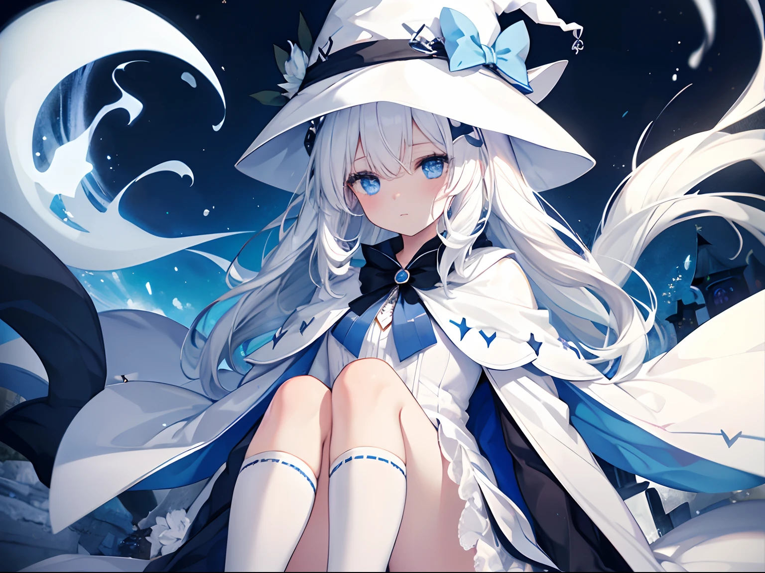 {high quality}, one white witch girl, {white hair}, {blue eyes}, white and light blue witch hat, blue short dress, black knee high socks, white cape, {Halloween}, ghost town, night, ghosts, cats, emphasize color boundaries, {paint accurate eyes}, avoid creating blank spaces,