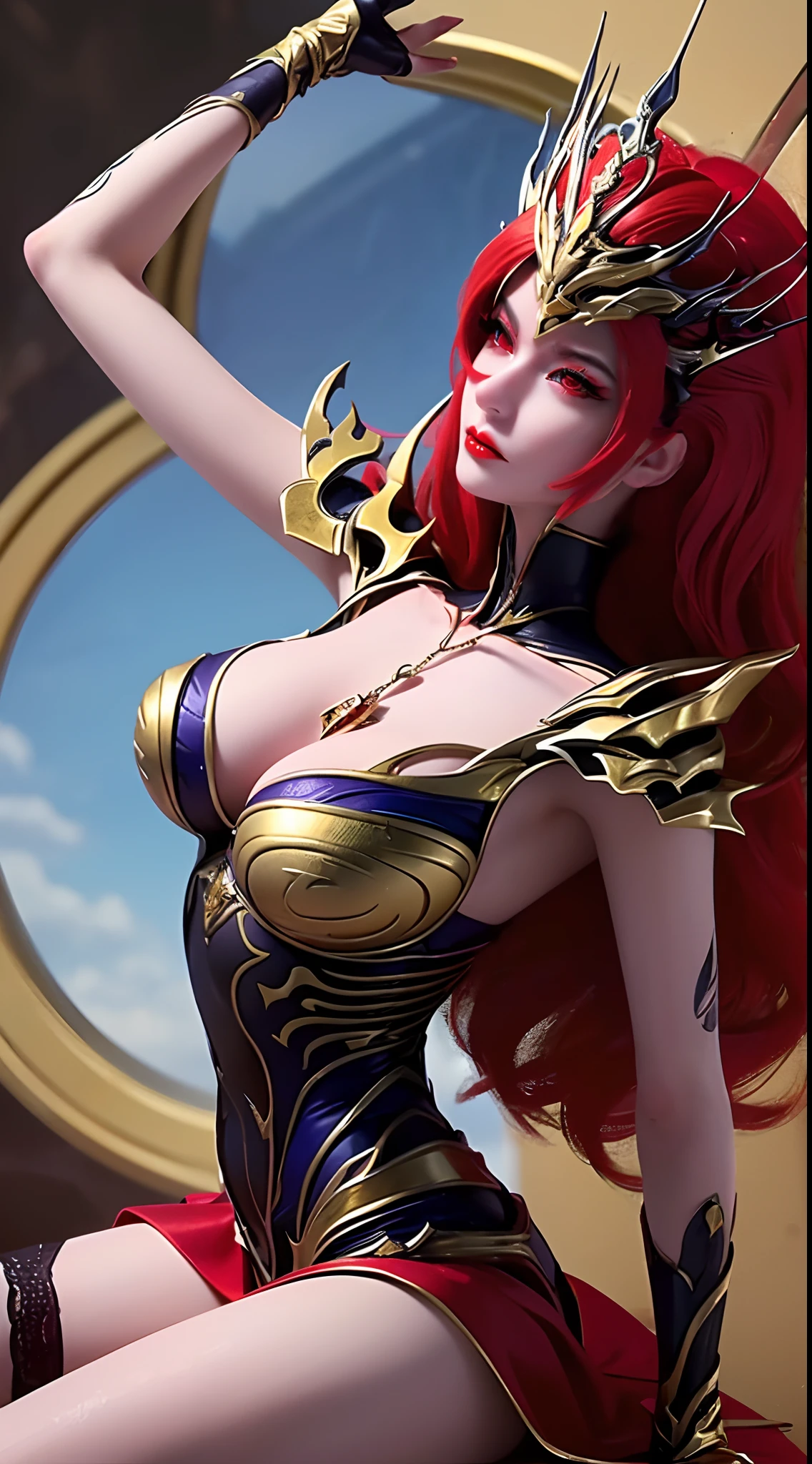 1 beautiful and sexy 20 year old girl, ((wearing traditional Hanfu armor with main colors purple and red:1)), not wearing pants, sexy hanfu style, ((long red hair:1.7)), jewelry elaborately made from precious stones and beautiful hair, ((wearing a 24k gold lace necklace:1.4)), the noble, noble style of an extremely beautiful girl, her small face is super cute, her face is very pretty, thin eyebrows, flawless beautiful face, ((black eye pupils: 0.8)), very beautiful eyes, ((light red eyes: 1)), (((big round eyes:1.6))), nice makeup and hair detailed eyelashes, steamy eye makeup, high nose, earrings, red lips, ((closed mouth: 1.5)) beautiful lips, slim hands, most beautiful thighs, ((arms spread out to the sides: 1.5)), rosy face, clean face, flawless beautiful face, smooth white skin, (big breasts: 1.5)), tight breasts, beautiful cleavage, (((big breasts and super round: 1.8))), beautiful breasts, perfect body, ((put girl's arms behind her back:1.6)), chest out, sit down on the bed, ((Open your legs:1.5)), not ashamed, 8k photo, super high quality, super realistic, super 10x pixels, optical, bright studio, bright edges, dual-tone lighting, (high-detail skin:1.2), super 8k, soft lighting, high quality, volumetric lighting, photorealistic, photorealistic high resolution, lighting, best photo, 4k, 8k quality, smooth sharp, 10x pixel, ((royal villa background:1.5)), aurora, lightning, super graphics realistic, most realistic graphics, 1 girl, alone, solo, Extremely sharp image, surreal, ((portrait:1.5))."