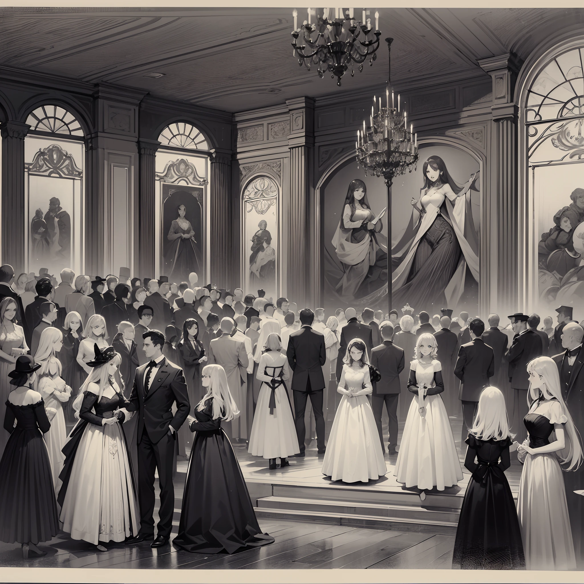 A black and white drawing shows an old newspaper engraving, a ballroom, lots of guests in Victorian dresses and tails, a fancy ball,  in the style of vignettes of paris, gravure printing, dark maroon and dark azure, panoramic scale, historical references, symmetrical asymmetry, large scale murals --auto --s2