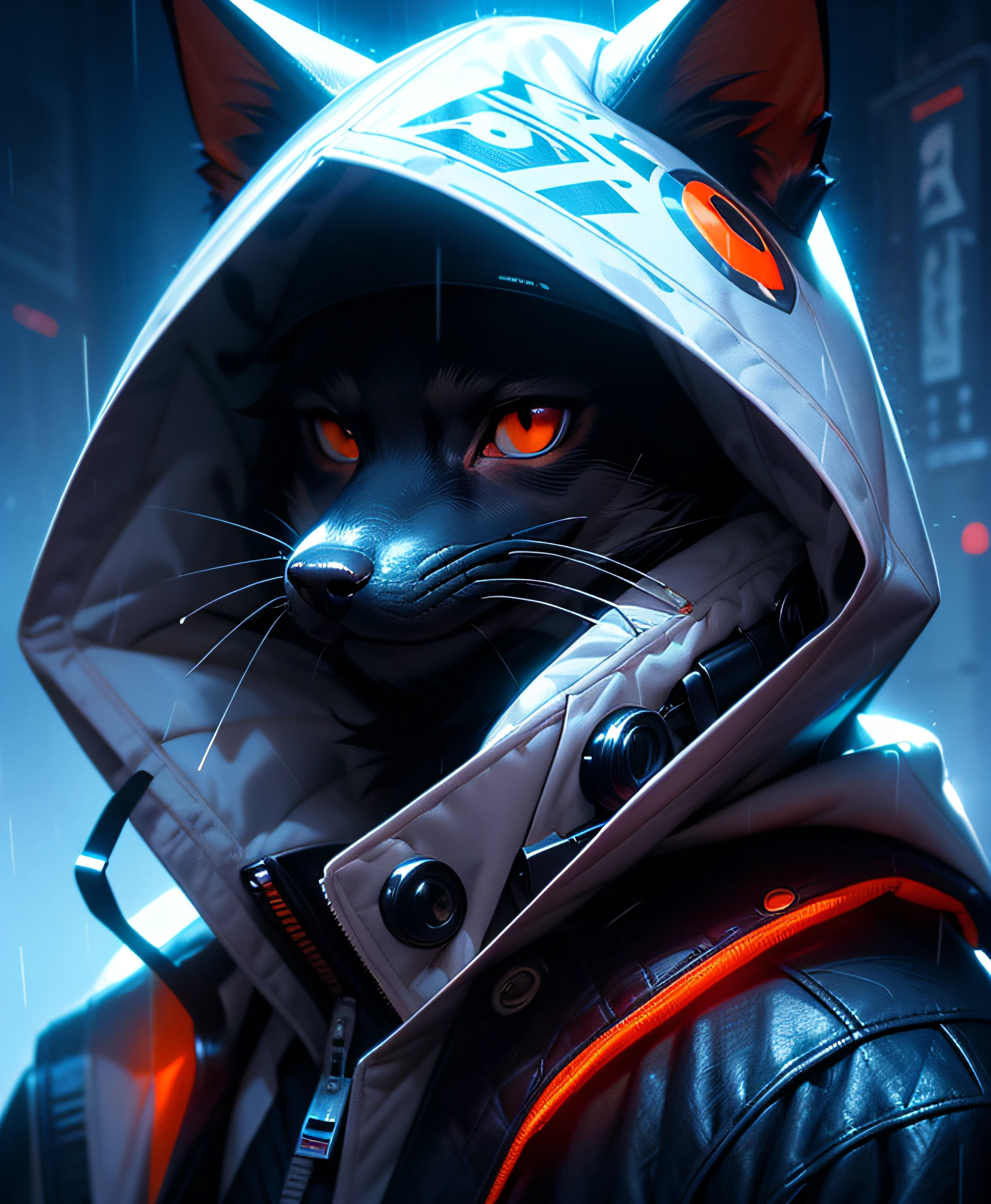 masutepiece, Best Quality, Solo, Rain, hoods, Furry, Hood Up, Jacket, Upper body, hooded jacket, Closed mouth, whiskers, raincoat, Doberman dog, Furry, Sagged ears, brue eyes, Portrait,masutepiece, Best Quality,Black trench coat,Orange pattern,White mask,Cyberpunk Personality