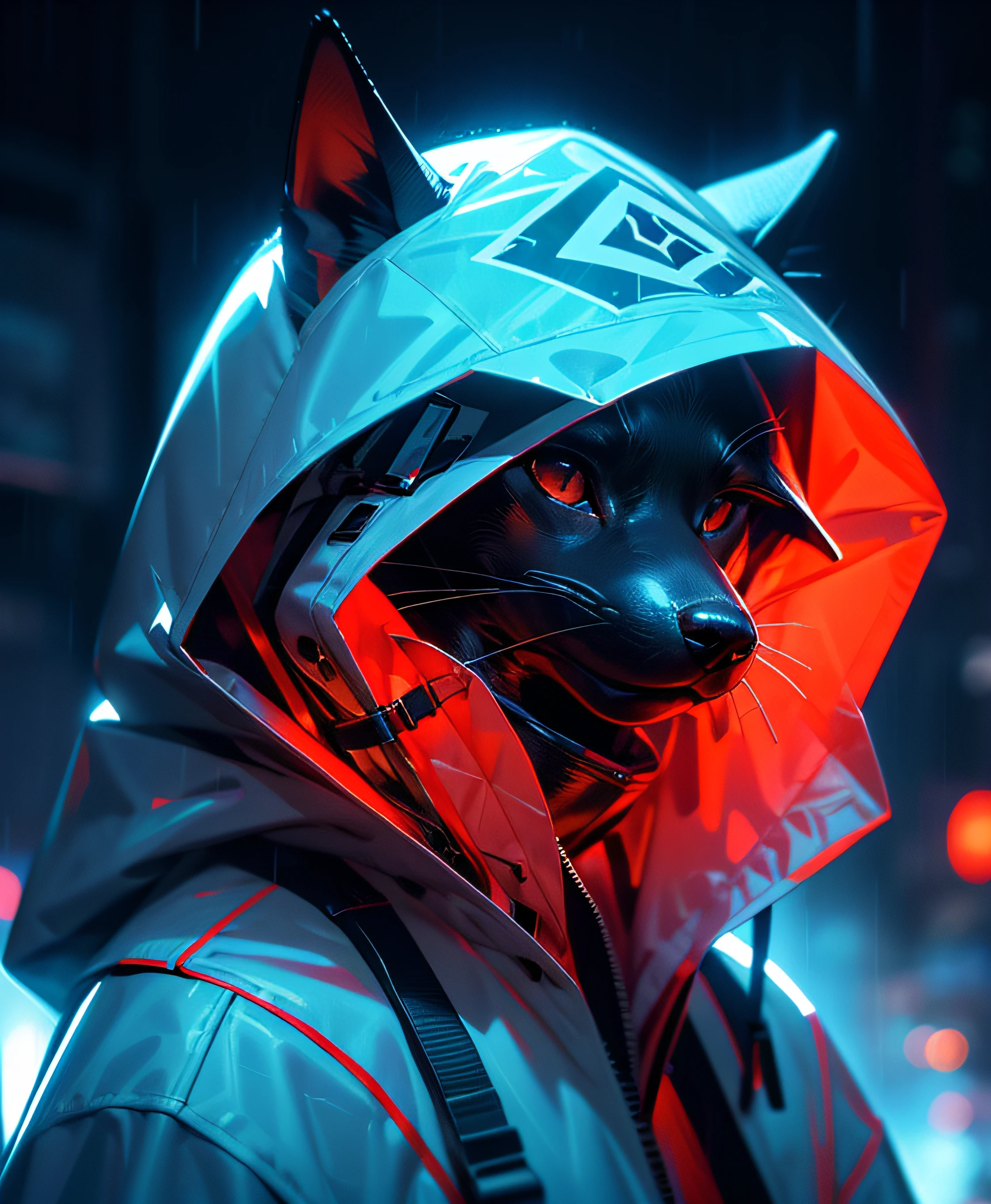 masutepiece, Best Quality, Solo, Rain, hoods, Furry, Hood Up, Jacket, Upper body, hooded jacket, Closed mouth, whiskers, raincoat, Doberman dog, Furry, Sagged ears, brue eyes, Portrait,masutepiece, Best Quality,Black trench coat，Orange pattern，White mask，Cyberpunk Personality