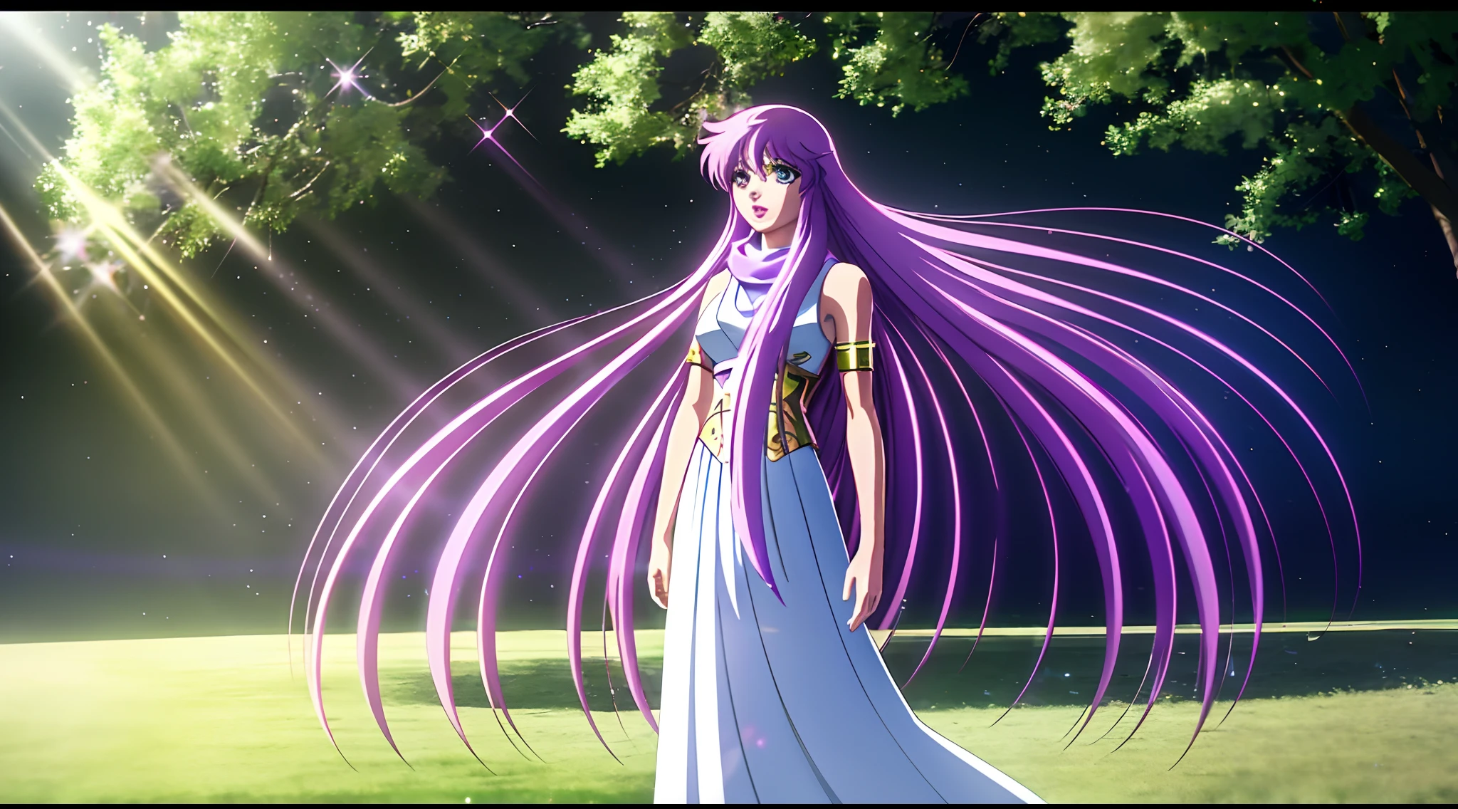 Kido_saori, Saint seiya athena with plain long light purple hair,green eyes,rosy cheeks,full lips,thin eyebrows,slender body,greek cloth and very long skirt,scarf,cute anime girl,full body,trees,anime style,Lumen Reflections,Screen Space Reflections,Diffraction Grading,Chromatic Aberration,GB Displacement,Scan Lines,Ray Traced,Anti-Aliasing,FXAA,TXAA,RTX,SSAO,Shaders,OpenGL-Shaders, GLSL-Shaders,Post Processing,Post-Production,cell Shading,Tone Mapping,CGI,VFX,SFX,insanely detailed and intricate, 4K