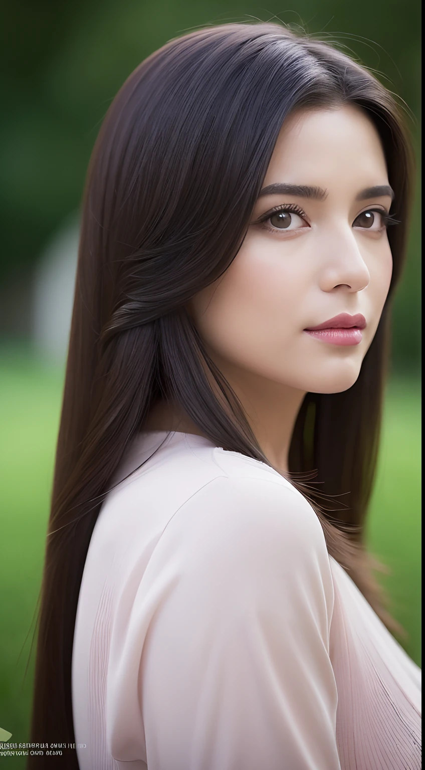 (best quality,4k,8k,A high resolution,master part:1.2),ultra-detalhado,(Realistic,fotorrealista,photo-realistic:1.37),Retrato,mulher,long flowing hair,Whitish iris,olhar vago,plump pink lips,The ends of the hair have white flowers,Figura graciosa,medium shot,vestido preto.