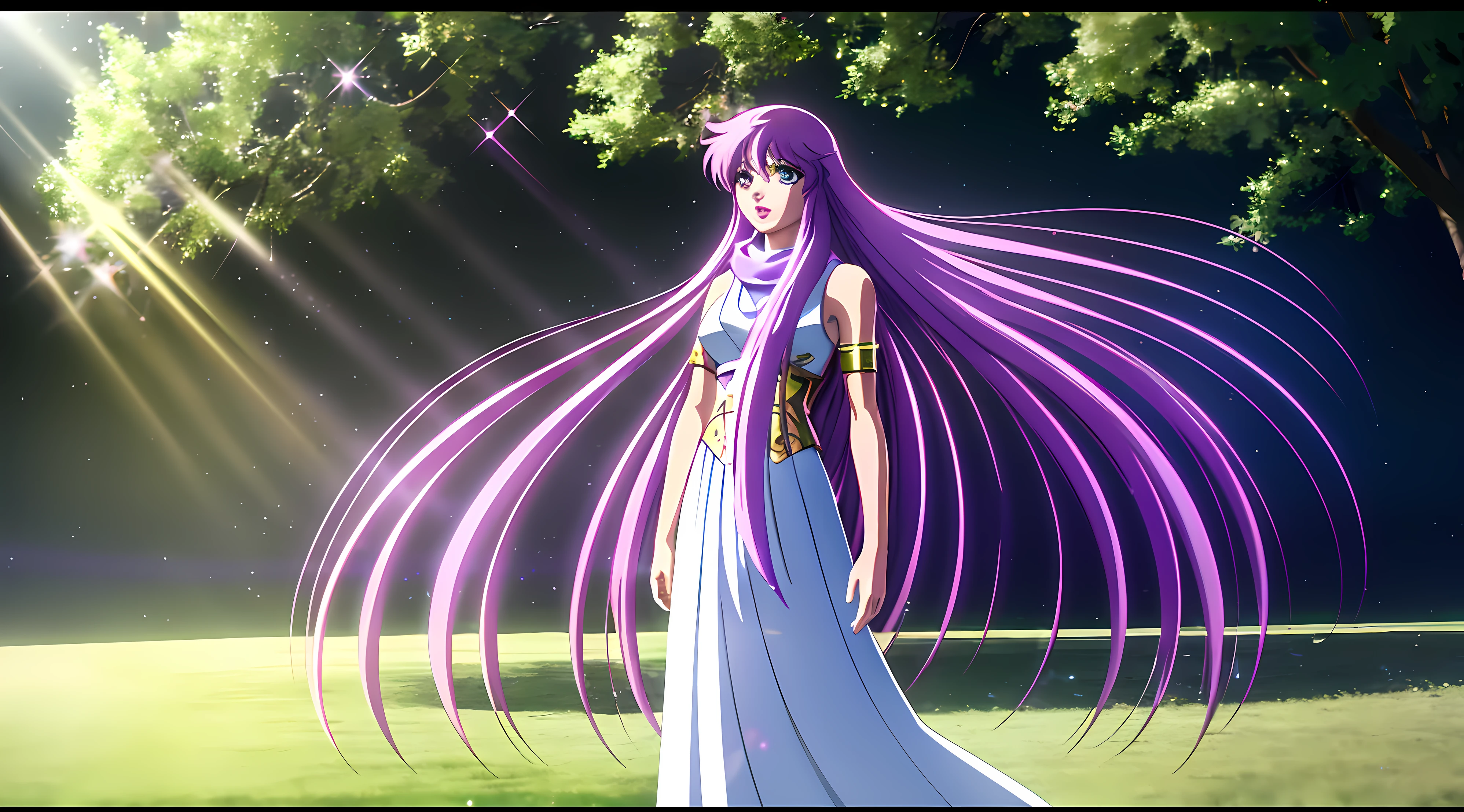 Kido_saori, Saint seiya athena with plain long light purple hair,green eyes,rosy cheeks,full lips,thin eyebrows,slender body,greek cloth and very long skirt,scarf,cute anime girl,full body,trees,anime style,Lumen Reflections,Screen Space Reflections,Diffraction Grading,Chromatic Aberration,GB Displacement,Scan Lines,Ray Traced,Anti-Aliasing,FXAA,TXAA,RTX,SSAO,Shaders,OpenGL-Shaders, GLSL-Shaders,Post Processing,Post-Production,cell Shading,Tone Mapping,CGI,VFX,SFX,insanely detailed and intricate, 4K