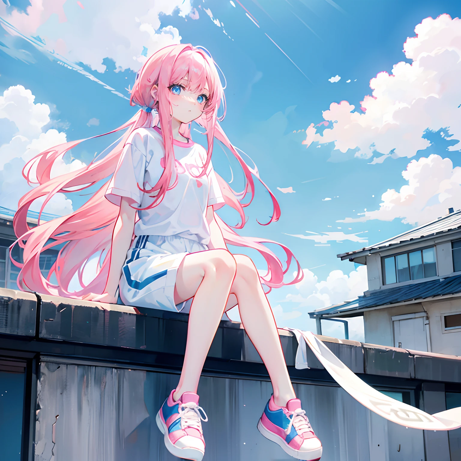 Pink hair，long whitr hair，Neat bangs，Qi bangs，skyblue eyes，，adolable，teens girl，short- sleeved，shorter pants，Wear sneakers on your feet，Sit on the roof，fully body photo，All body，Fingers and arms are not exposed，The background is all the sky ，with blue sky and white clouds