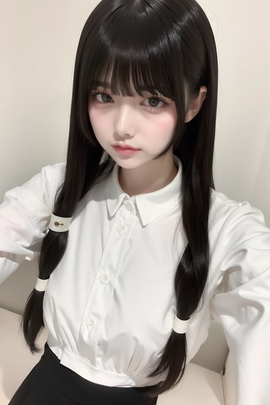 top-quality、8K、32K、​masterpiece、nffsw:1.2)、1girl in、One girl、A dark-haired、Heavy bangs、long hair to the chest、Wearing a black long-sleeved puff-sleeved blouse &White flared mini skirt、Cute clothes、White wall background、Focus on the face、Focus on the face