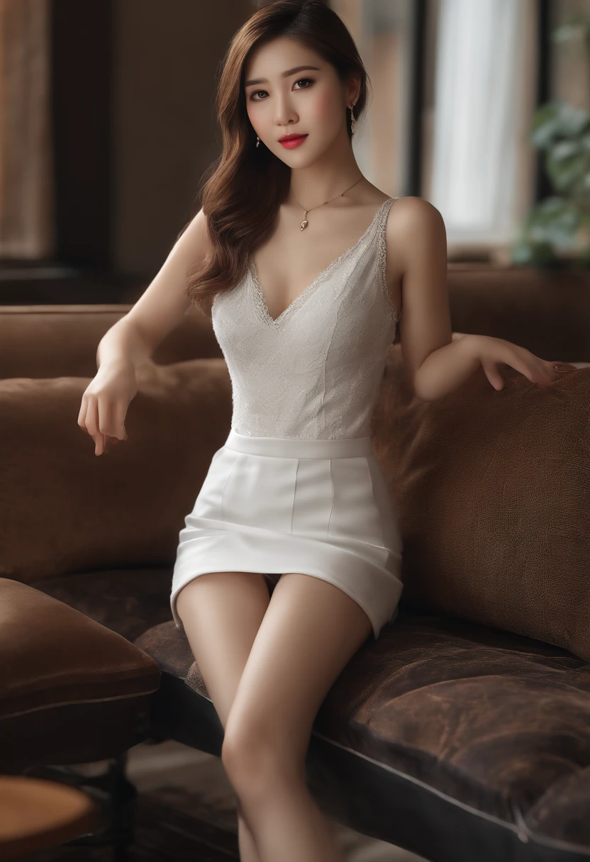 Masterpiece, super realistic picture quality, (1 girl), (young woman), Chinese girl, (mature face), face clean, realistic face, (perfect face), delicate face, fair skin, sitting on sofa, slender legs, (curly), short hair, brown hair, hands on knees, suspenders, no bra, ( visible on clothes), , (( minora)), pubic hair, mini dress, (white skirt) HD picture quality, realistic picture quality, real person, slender legs, Ultra HD rendering, accurate, textured skin, high detail, high quality, very detailed, high resolution, 8K, photo, photography, ridiculous.