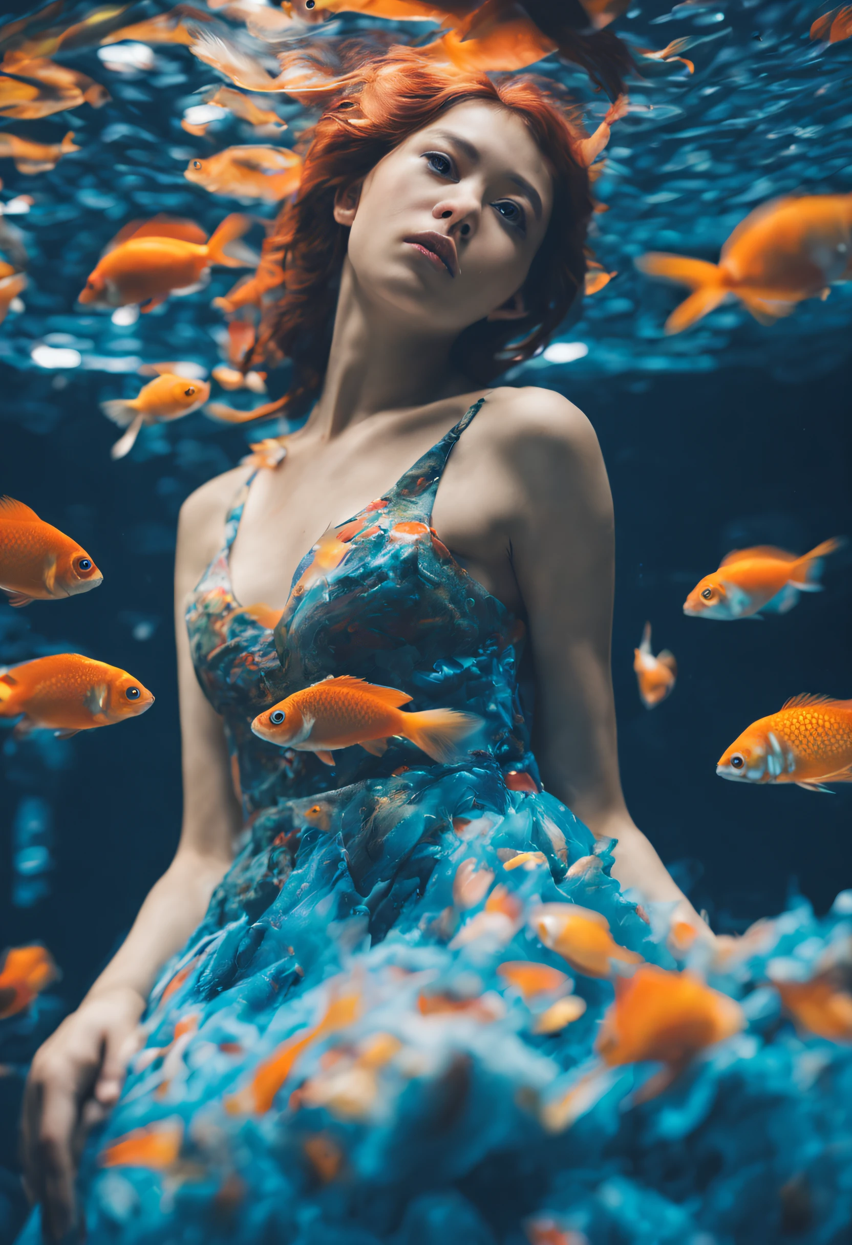 Blurry background Looking Up SAD FULL BODY aquarium Colorful fish photo-like Blue dress fantastical light Beautiful facial features japanes