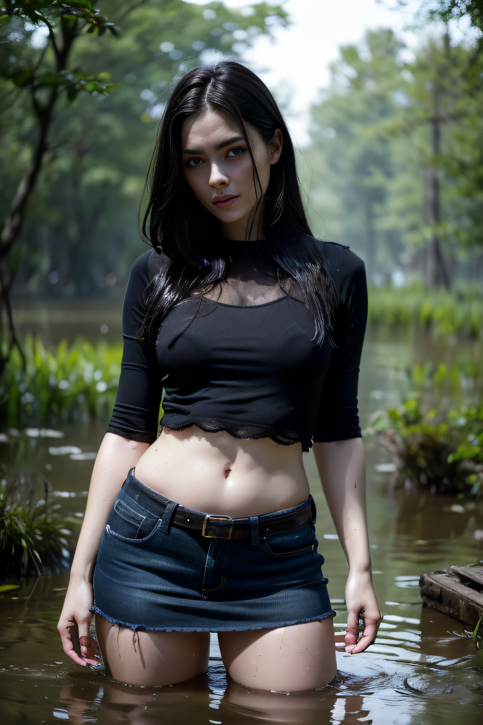 (Best Quality,4k,8K,hight resolution,Masterpiece:1.2),Ultra-detailed,(Realistic,Photorealistic,photo-realistic:1.37),The woman, (drowning in a swamp:1.27),Standing,jeans skirt,tshirt,Emphasis on lace stockings with garters,intrigue,Imminent Doom,illustartion,Dark atmosphere,dramatic lighting,Ominous Colors,(Awkwardness),secrecy,confusion,pale skin,perplexity,(Bashful hands:1.2),Dynamic frame