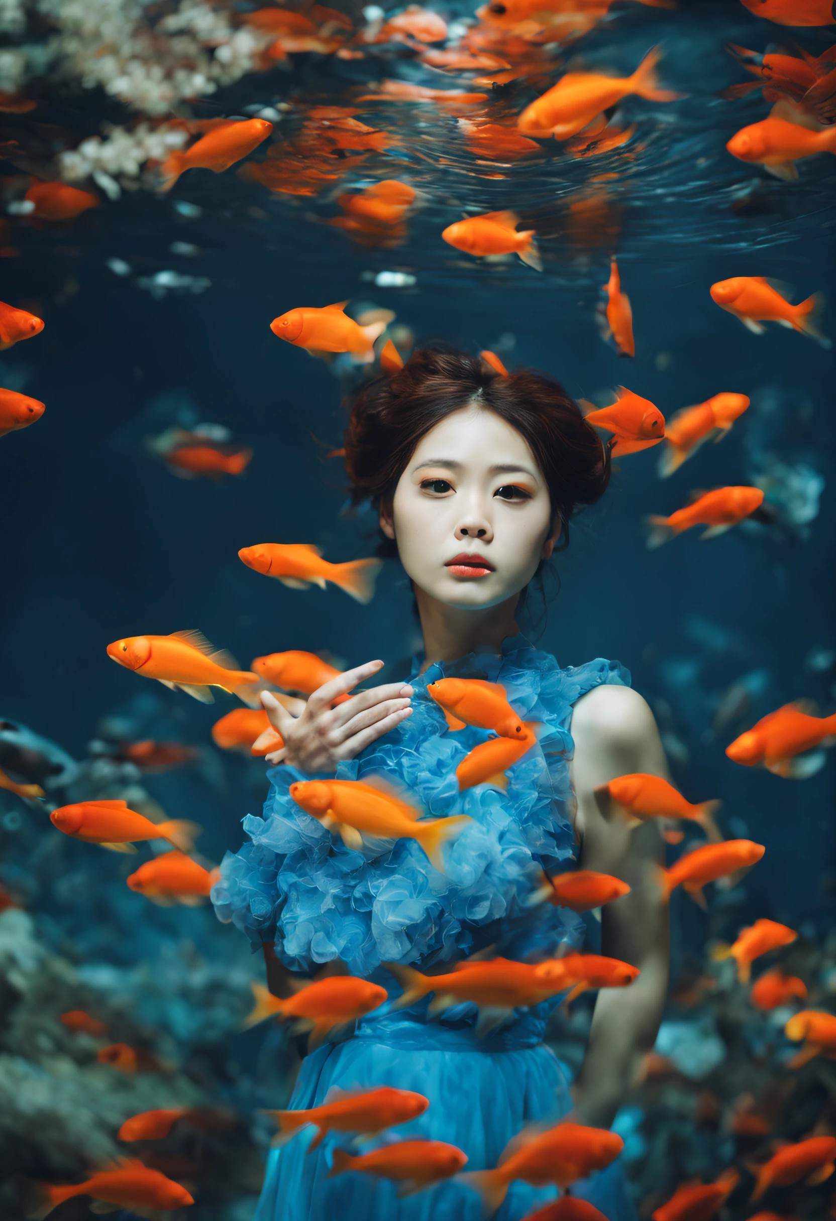 Blurry background Looking Up SAD FULL BODY aquarium Colorful fish photo-like Blue dress fantastical light Beautiful facial features japanes