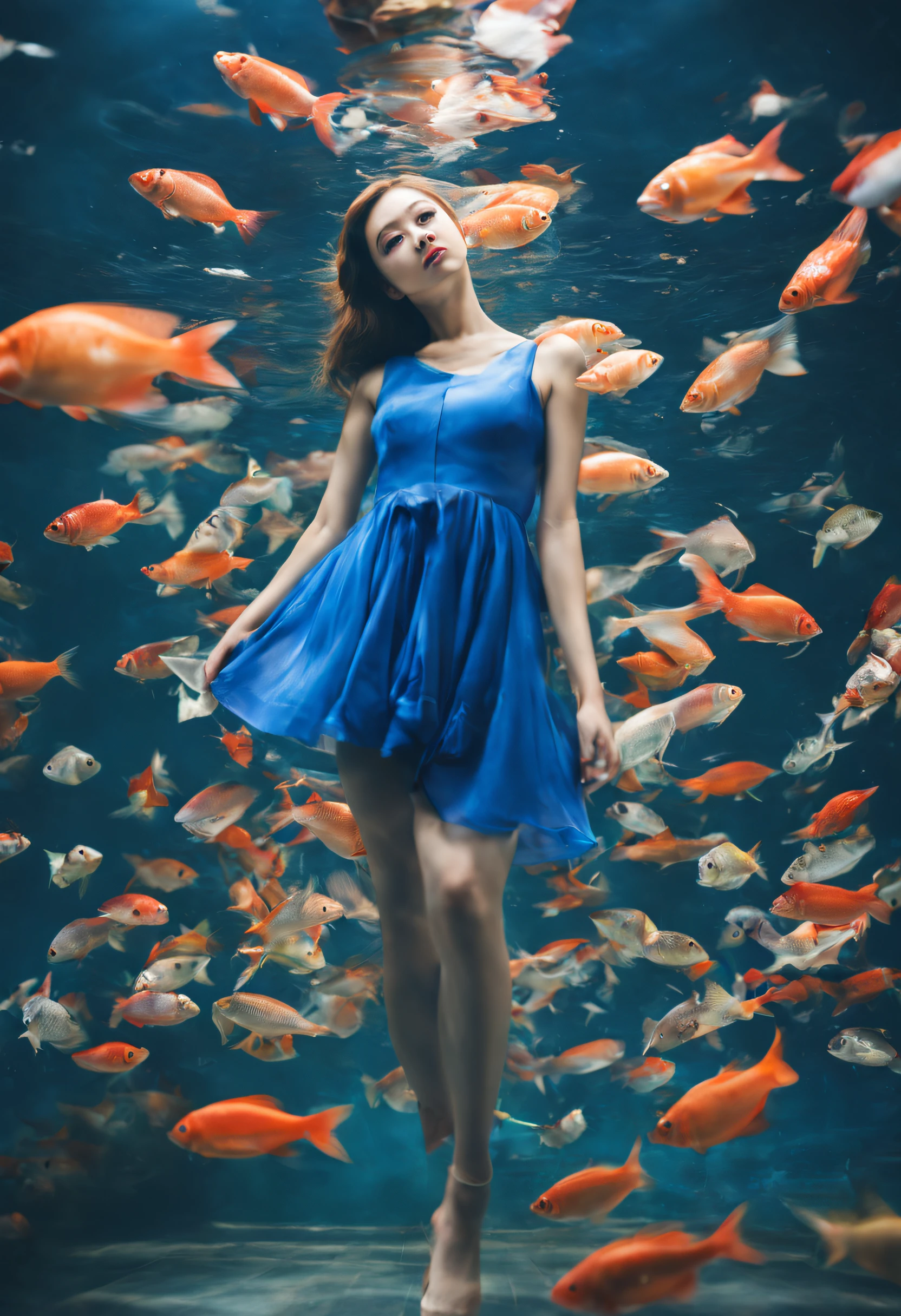 Blurry background Looking Up SAD FULL BODY aquarium Colorful fish photo-like Blue dress fantastical light Beautiful facial features japanes