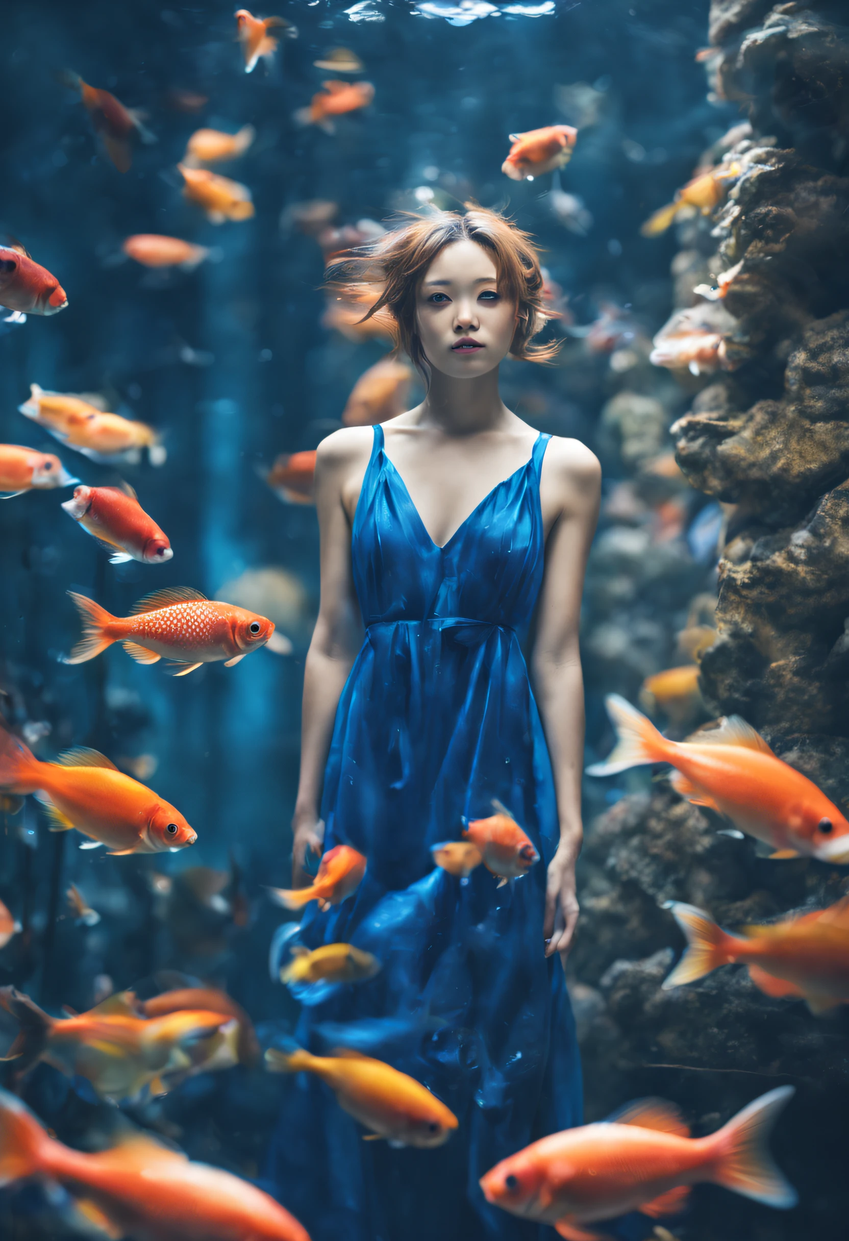 Blurry background Looking Up SAD FULL BODY aquarium Colorful fish photo-like Blue dress fantastical light Beautiful facial features japanes