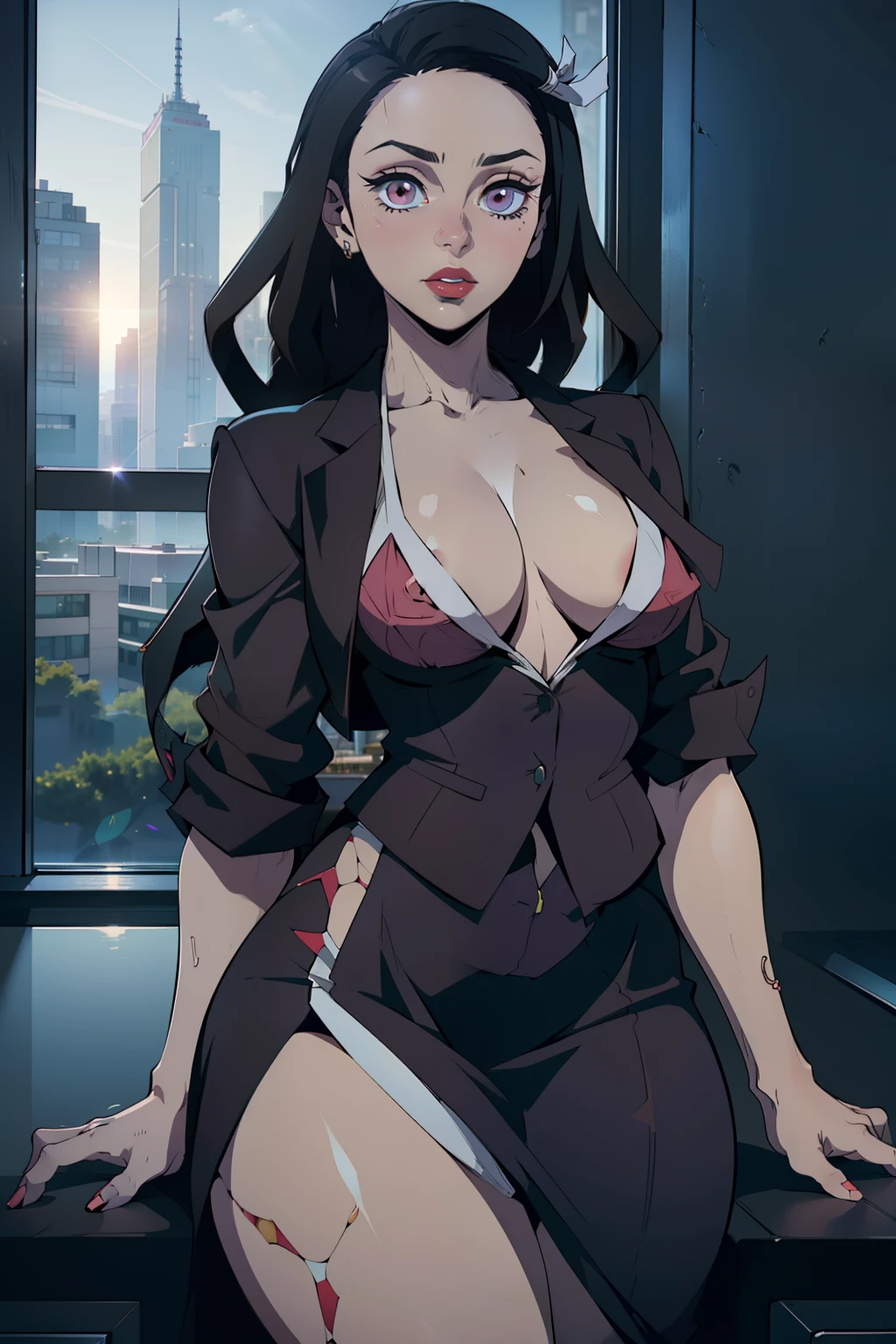 Hyper realistic super detailed sexy Nezuko, NSFW, Very detailed, expressions faciales sexy, seductive facial expressions, [:(Face detail: 1.4): 0.4], 16K resolution, 4k resolution, dinamic lighting, High definition resolution, (sexy pose, Position attrayante), (hyper realistic: 1.4), (back light: 1.2), (sun light: 1), (pleine hauteur: 1.8),(contrasting background: 1.5), (Anatomy of the hyperrealistic arm), (Hyperrealistic anatomy of the legs), (peau propre), (lighting cinematic: 1.7), (intime), (Technologie NVIDIA RTX Ray Tracing), (Anatomy of the hyperrealistic arm: 2), (Ventre plat parfait), (image couleur),Create a 4K resolution, ultra-realistic, and extremely detailed artwork featuring a Nezuko CEO in a corporate office setting with a provocative style. Nezuko is the central character in the artwork, known for her commanding presence and bold appearance. She is seated at her executive desk in a modern office with large windows offering a cityscape view.

Nezuko has a commanding presence. She has a provocative yet professional silhouette, with a tailored business suit that subtly emphasizes her figure. Her makeup is bold, with striking red lips and a gaze that demands attention.

She is dressed provocatively, making a bold fashion statement. Her business suit is exquisitely tailored, with a slightly low-cut blazer that adds a touch of allure to her attire. She wears a pencil skirt that accentuates her elegance and high heels that command authority. Her jewelry is exquisite, adding a touch of glamour to her overall appearance.