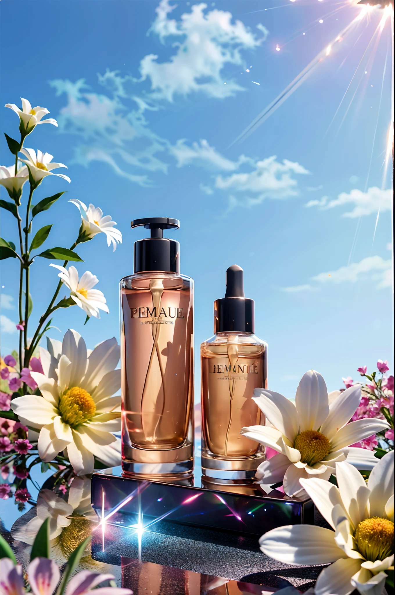 A bottle of glass cosmetics, Sparkle, Liquid, Sunlight, sky, Flowers, Simple background, Gradient background,