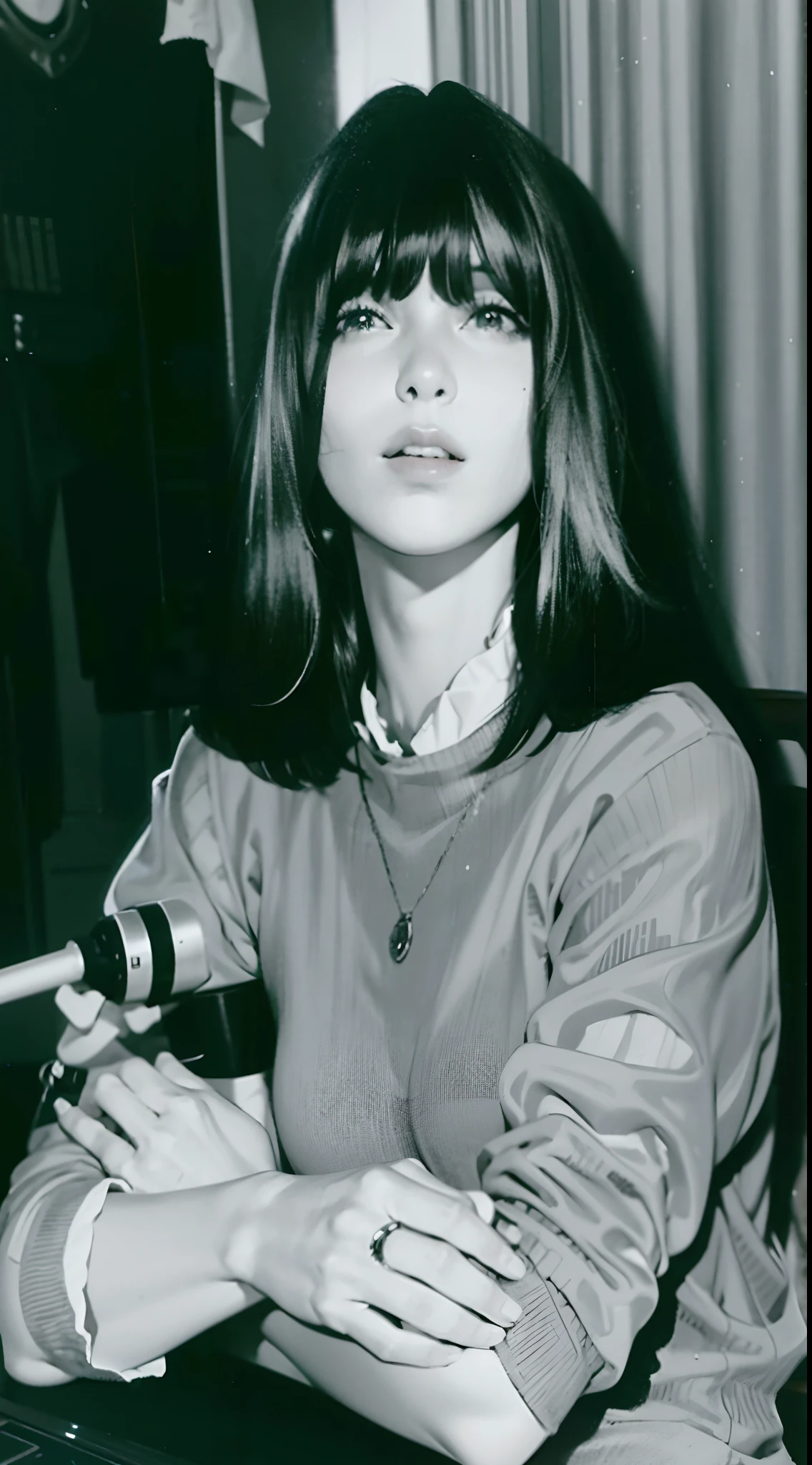 arafed woman sitting at a table with a cigarette in her hand, guido crepax, barbra streisand sitting, crepax, marianne collins, taken in the late 1970s, taken in the 1970s, marjorie cameron, 1 9 7 0 s photo, 1970s photoHD lighting and dark )<=(epic image quality)dark atmosphere with bright particle light(many effects in background)