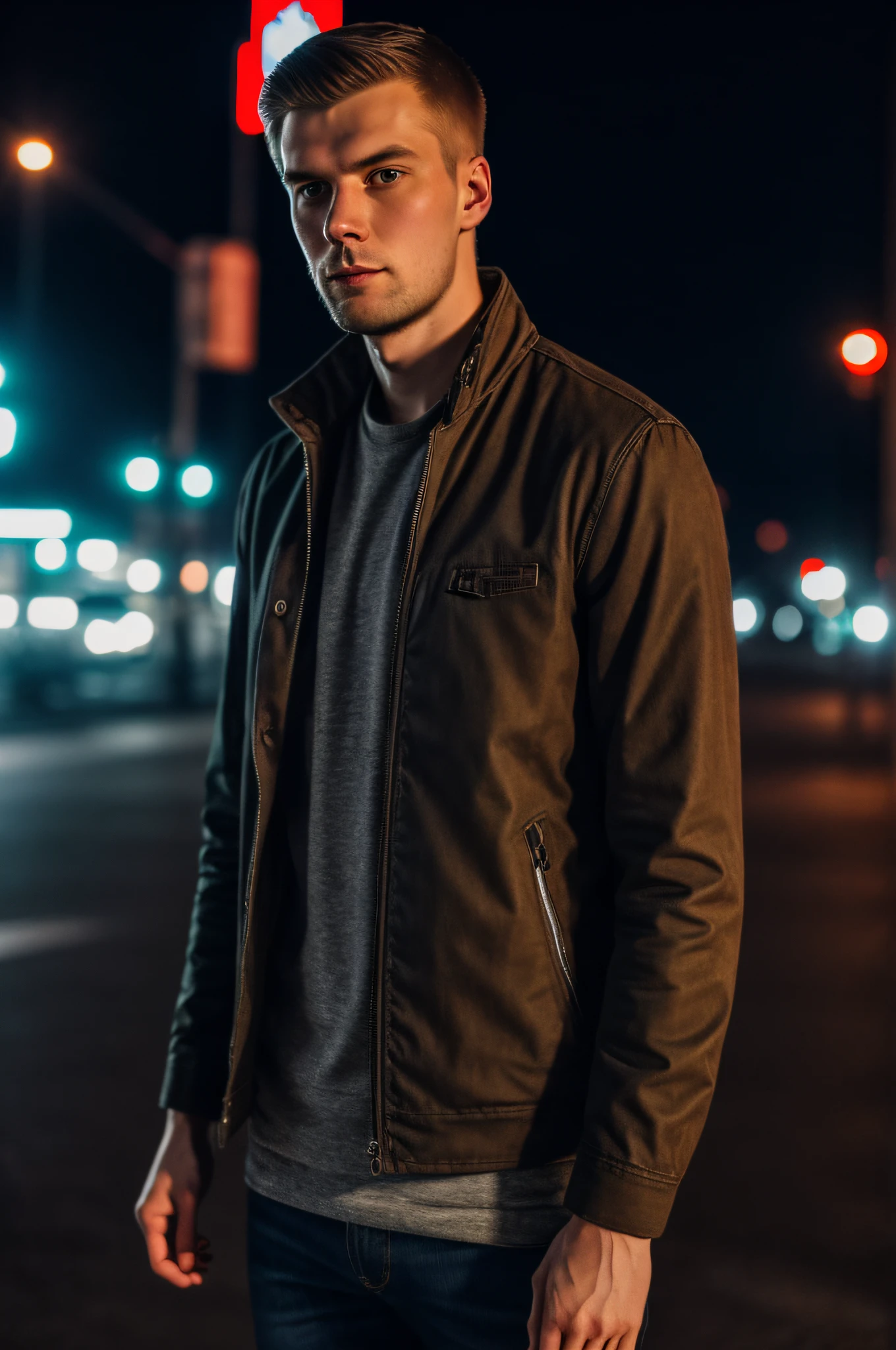 RAW photo, a portrait photo of 25 y.o tall russian man in casual clothes, night, city street, (high detailed skin:1.2), 8k uhd, dslr, soft lighting, high quality, film grain, Fujifilm XT3