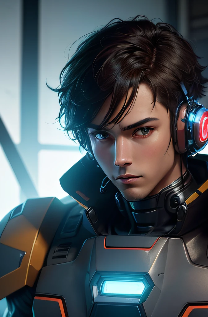 masterpiece, best quality, realistic, ultra detailed, sfw, head shot, a portrait of a young man, starsector, sci-fi style suits, hight-tech gadgets, head facing right,