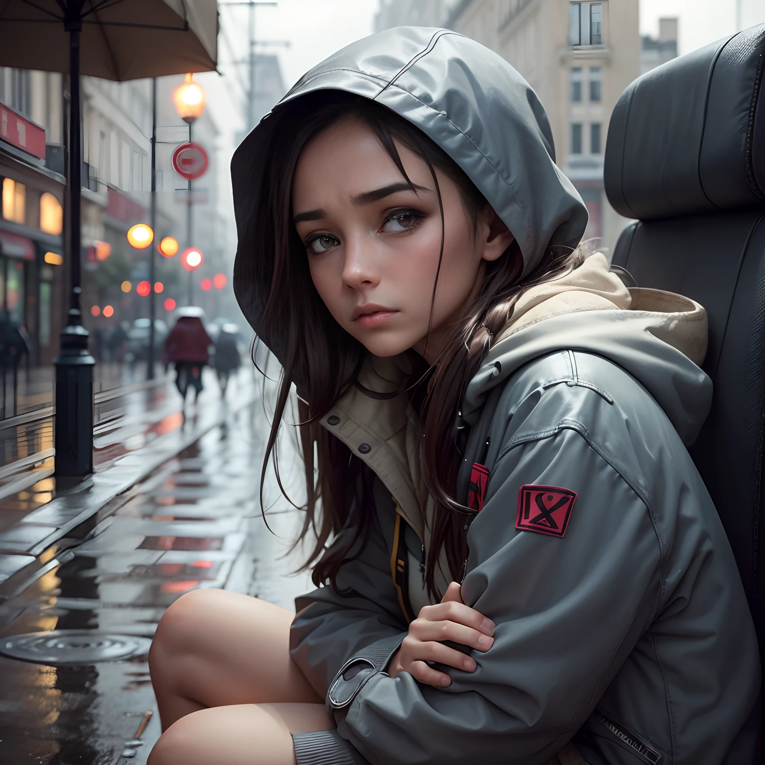 (Portrait quality, Cinema atmosphere), Young and tired Arapei woman sitting on the side of the road, untidy, Soaked in a rain-soaked coat, sans-abri, (femme: 1.5), (Pluie: 1.3), A sad expression of despair, (Thick mucus: 0.8), Dirty Rain and Thick Spider Silk, (desperate: 1.2), (Image de propagande: 0.9), fille pauvre
