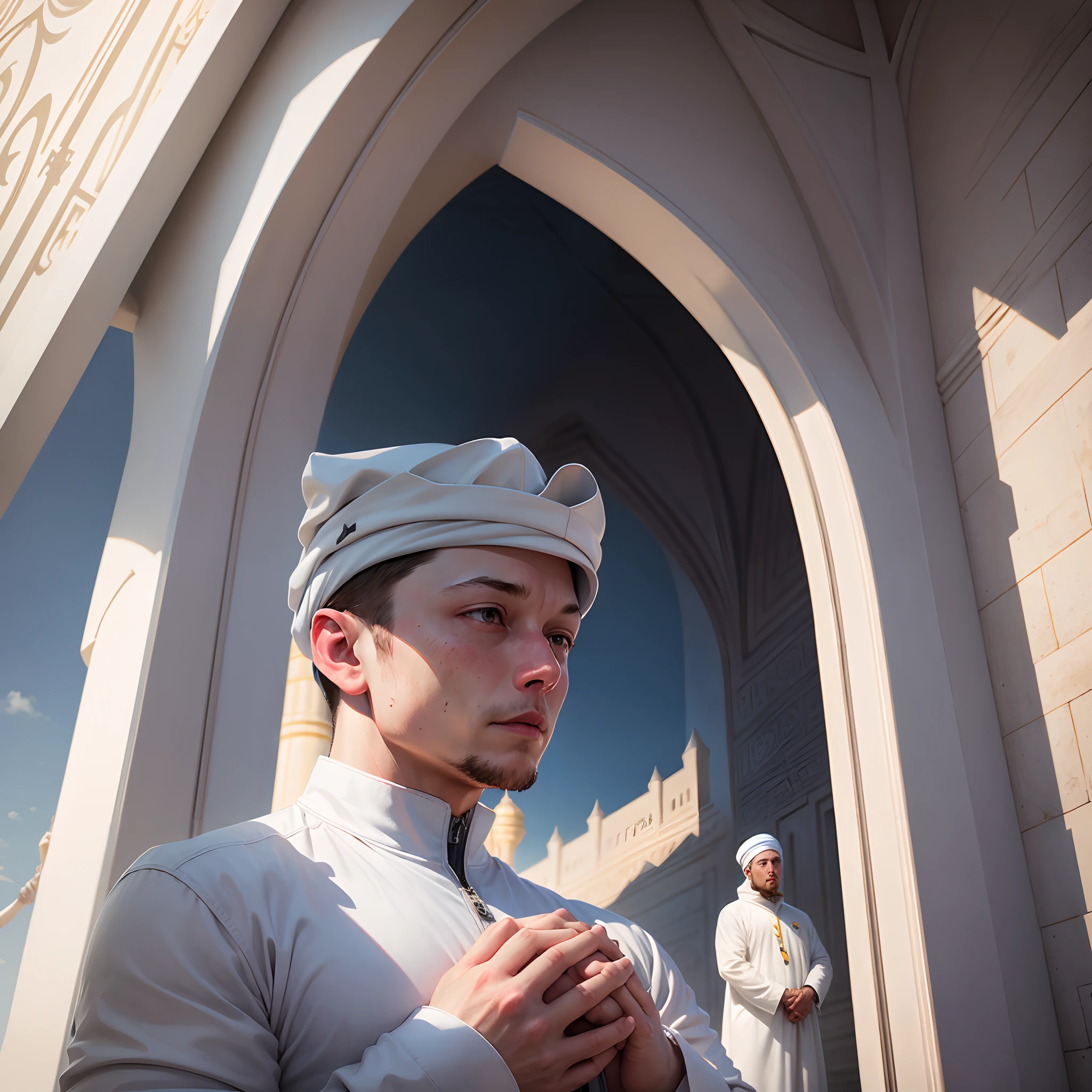 Elon musk praying in masjid looking on sky wearing Islamic cap in white color