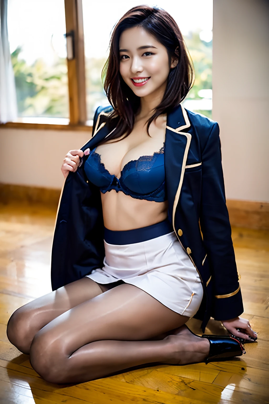 (8K、Raw photography、top-quality、​masterpiece:1.2)、(realisitic、Photorealsitic:1.37)、ultra-detailliert、超A high resolution、女の子1人、see the beholder、beautifull detailed face、A smile、Constriction、(Slim waist) :1.3)、(((Crystal clear white skin)))、beautifuly detailed skin、Skin Texture、Floating hair、Professional Lighting、Whole human body、Longhaire、japanese hight school uniform、((Ultra mini skirt))、Wearing a jacket naked、Bob Hair、Happy smile、(((full body to the toes)))、(((The front of the uniform is fully open so that the chest is visible......)))、((((Thin bra ))))、Colossal tits、Black pantyhose、Red high heels、((Pose with legs open sitting on the floor))、Skin shiny with sweat、((Nipple protrusion))