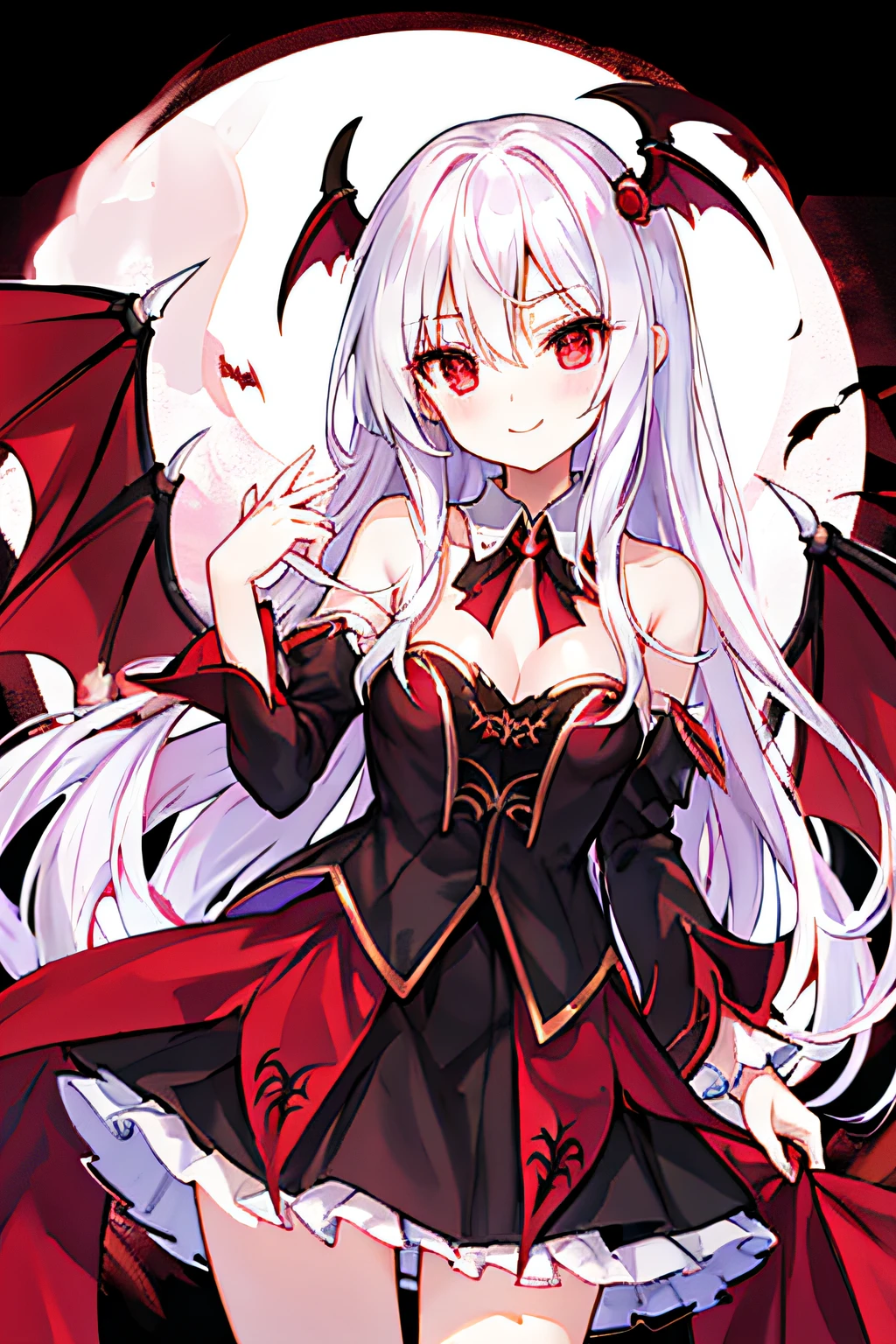 Vampire Princess、Feathers on the head、蝙蝠の羽、white  hair、length hair,、Transparent skin、slender and graceful physique。red eyes.、A smile.、Beguile the mind。 Vampire Princess、gotik、Ruffled skirt、Lace at collar, Thin nails.、Red-black feather weave.。Feather weave、Elegance、Bewitching.、The Darkness、natta。 Dark Side Anime